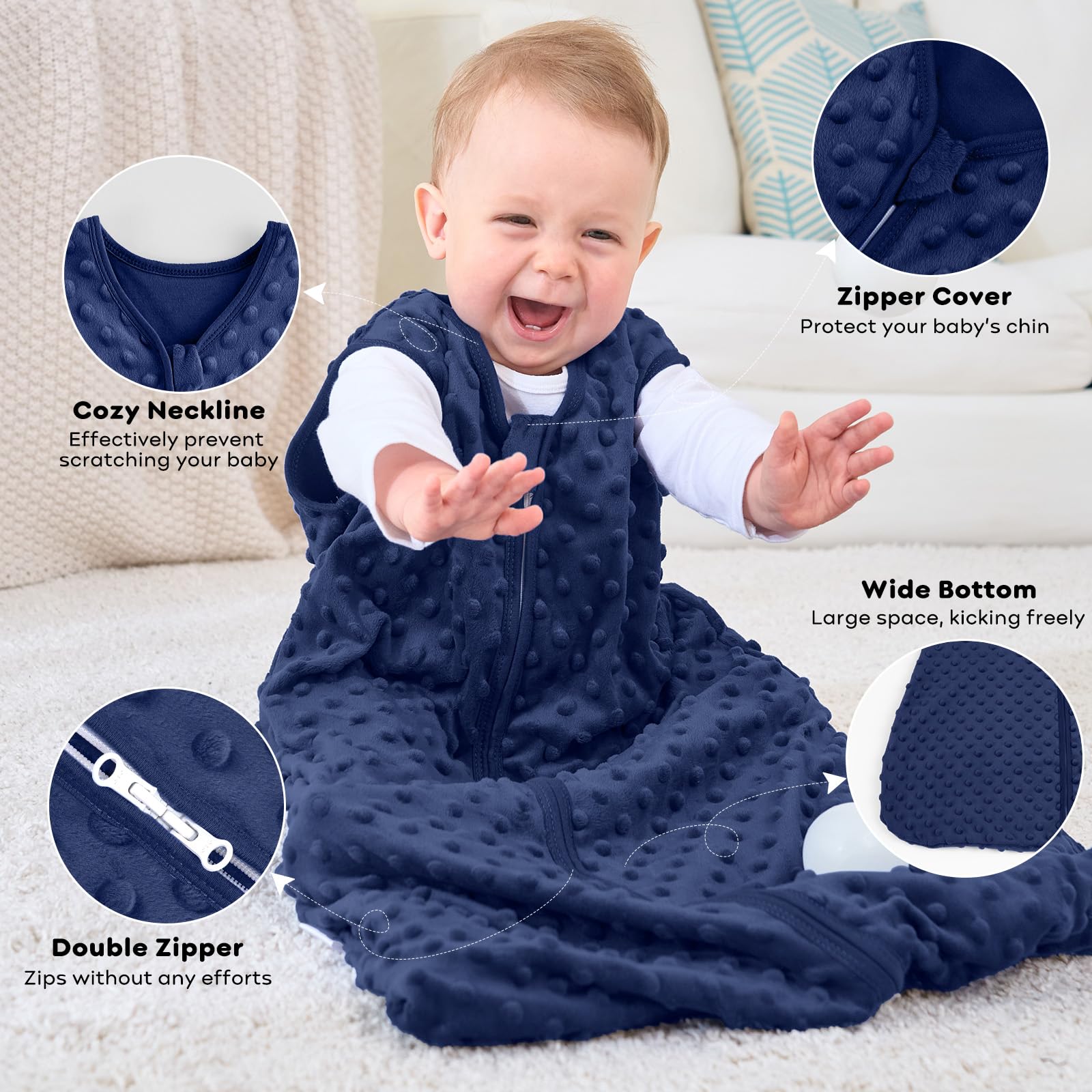 FIEMOL Sacco Nanna Invernale 12-18 Mesi, Neonato Sacchi Nanna 1.5 Tog Autunno con Pois di Peluche, Morbido Sacco Nanna per Bambini in Cotone, Confezione da 2 Pezzi Blu e Grigio