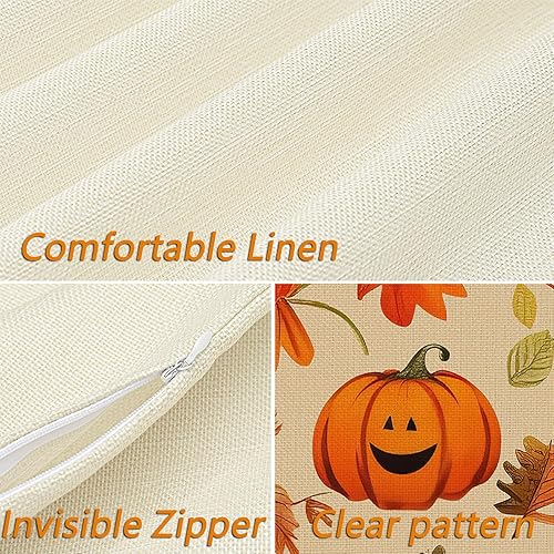 Miniatura 3 de ARTHMOM Juego de 4 fundas de almohada de otoño de 18 x 18 pulgadas para decoración de otoño, diseño de calabaza con texto en inglés Happy Autumn