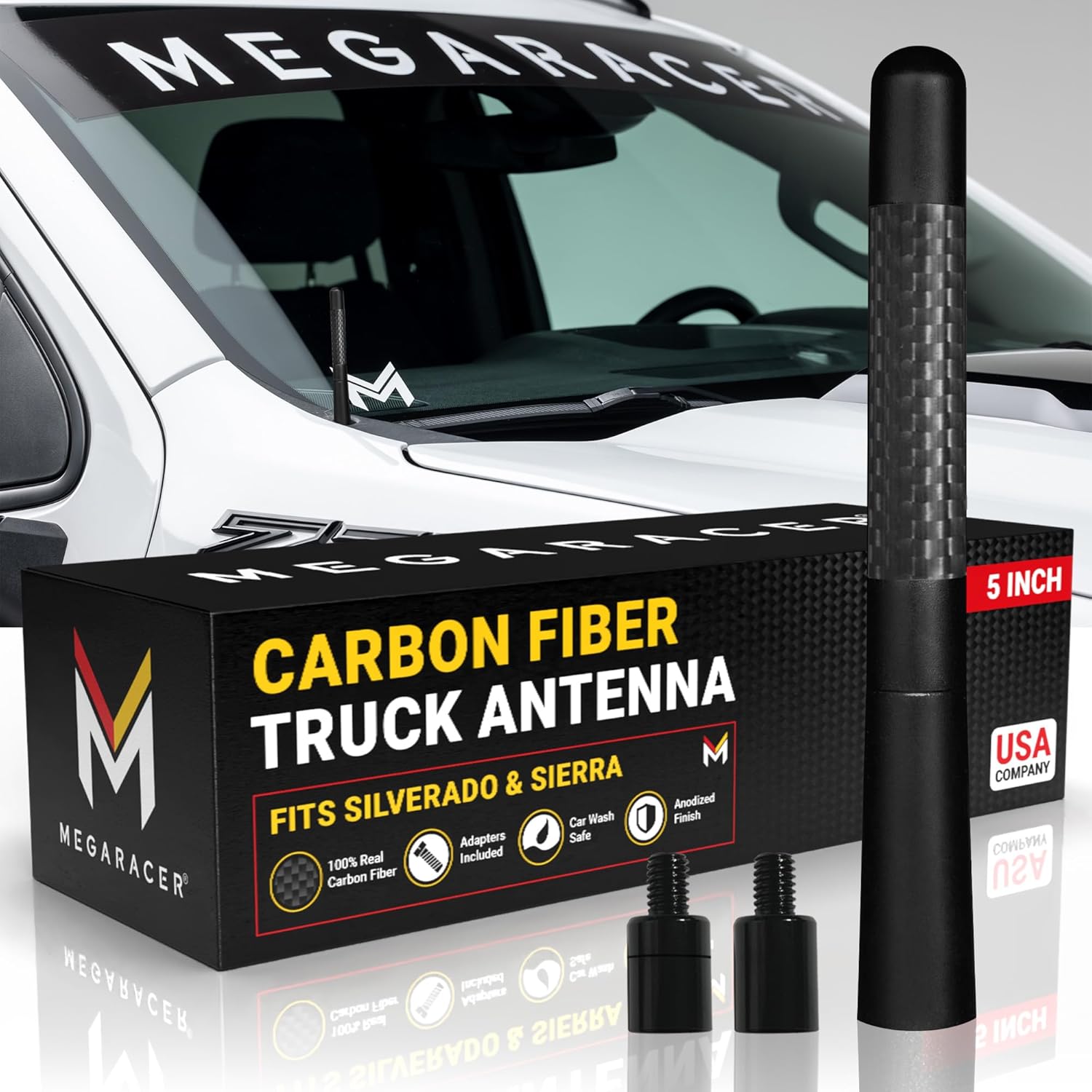 Anodized 5" Short Black Carbon Fiber Truck Antenna for Chevy Silverado & GMC Sierra 1500 2500 (1999-2026) – Billet Aluminum, UV & Chip-Resistant, Car Wash Safe, Small Stubby Replacement Accessories
