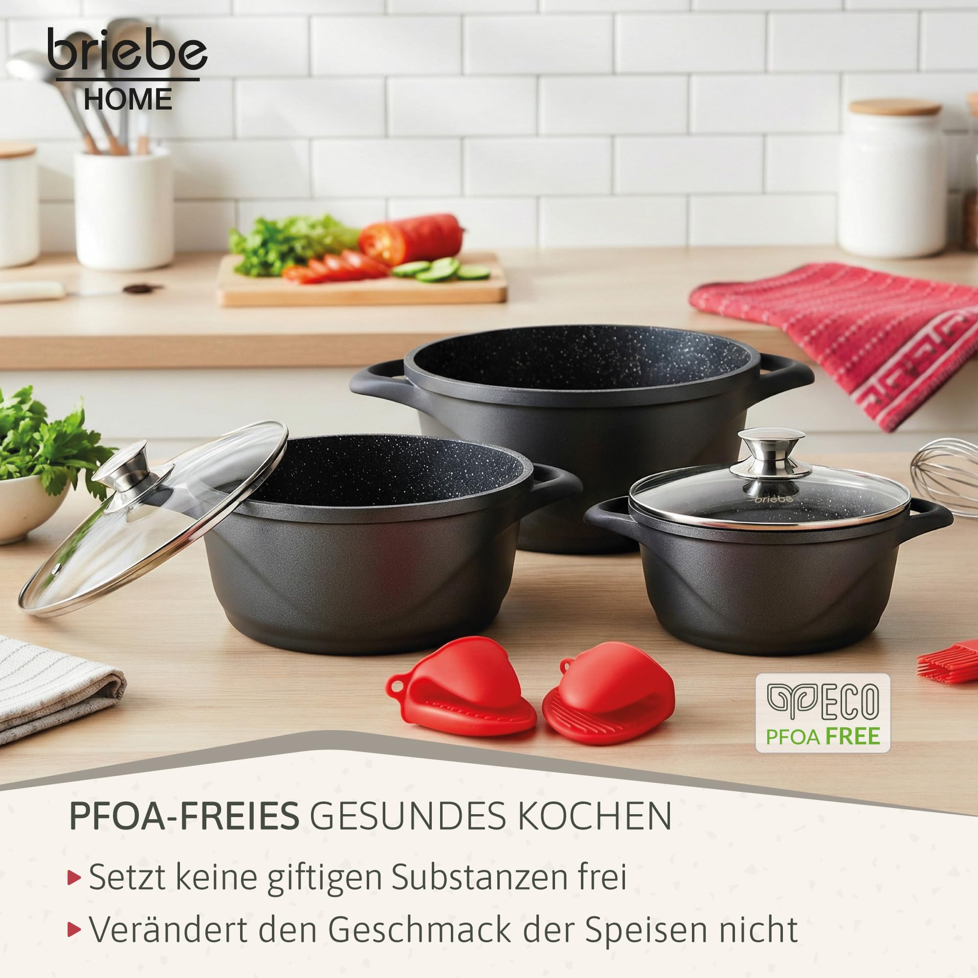 briebe Topfset Induktion 6-Teilig, Kochtopf Set 3 Töpfen aus Aluminiumguss, Antihaftbeschichtung ILAG GRANITEC ohne PFOA, Deckeln aus Glass, Topfhandschuhe Silikon, Glaskeramik, Gas, Ofen, MGK-18
