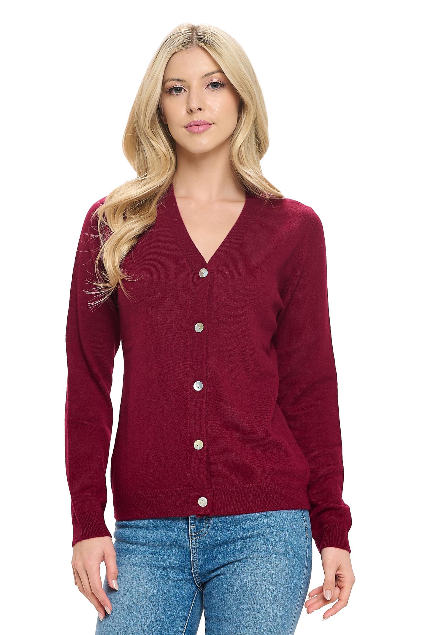 Mariyaab Women's 100% Cashmere Soft Long Sleeve V Neck Button Cardigan