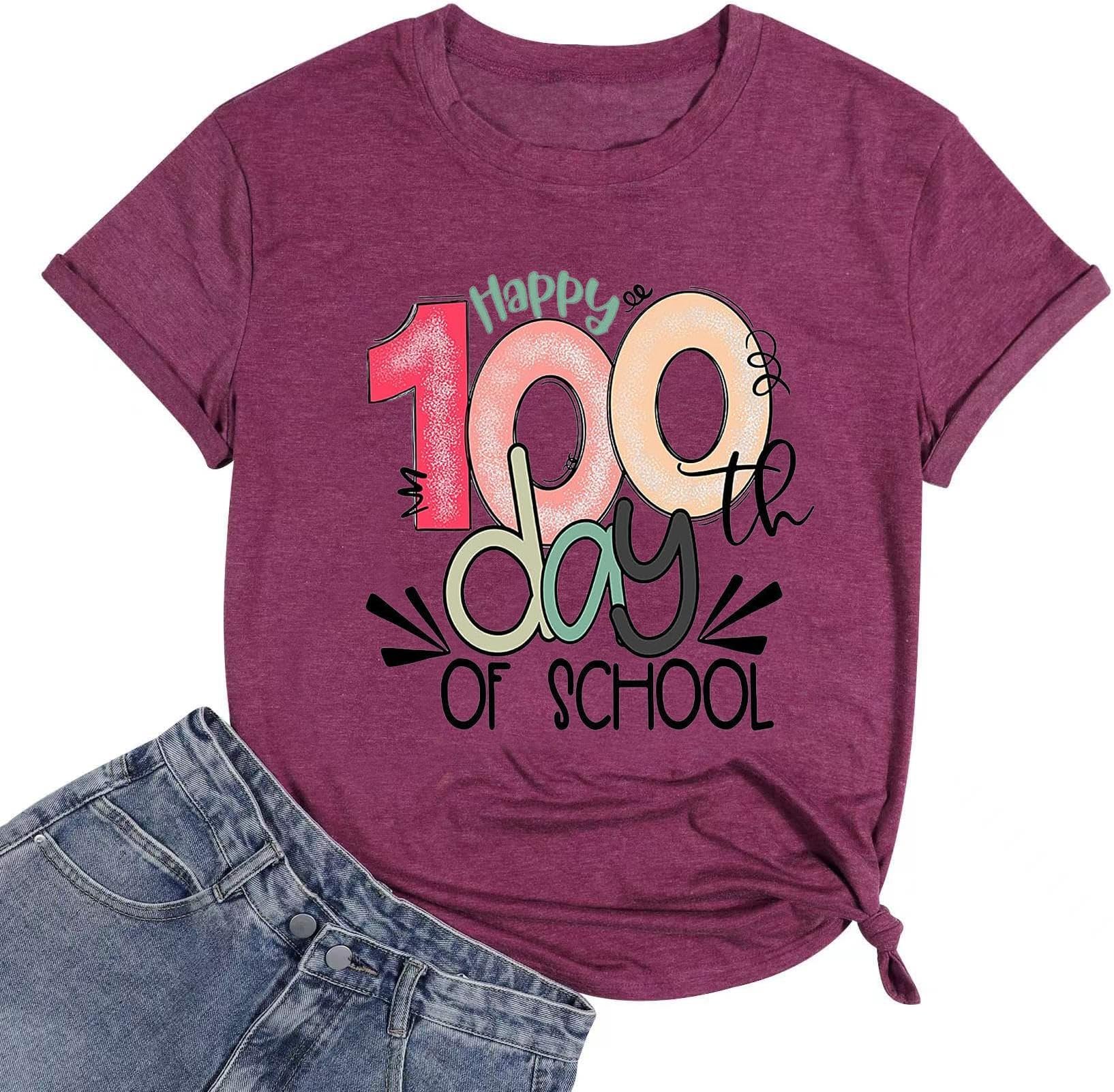 FYAPHION100 Days of School Shirt Women Teacher Tshirts Happy 100th Days Shirt Celebration Appreciation Gift