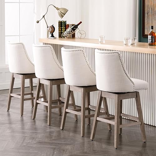 Miniatura 9 de Juego de 2 taburetes de bar de altura de mostrador, silla giratoria de bar de 27.5 pulgadas, taburetes de cocina tapizados de lino con respaldopatas