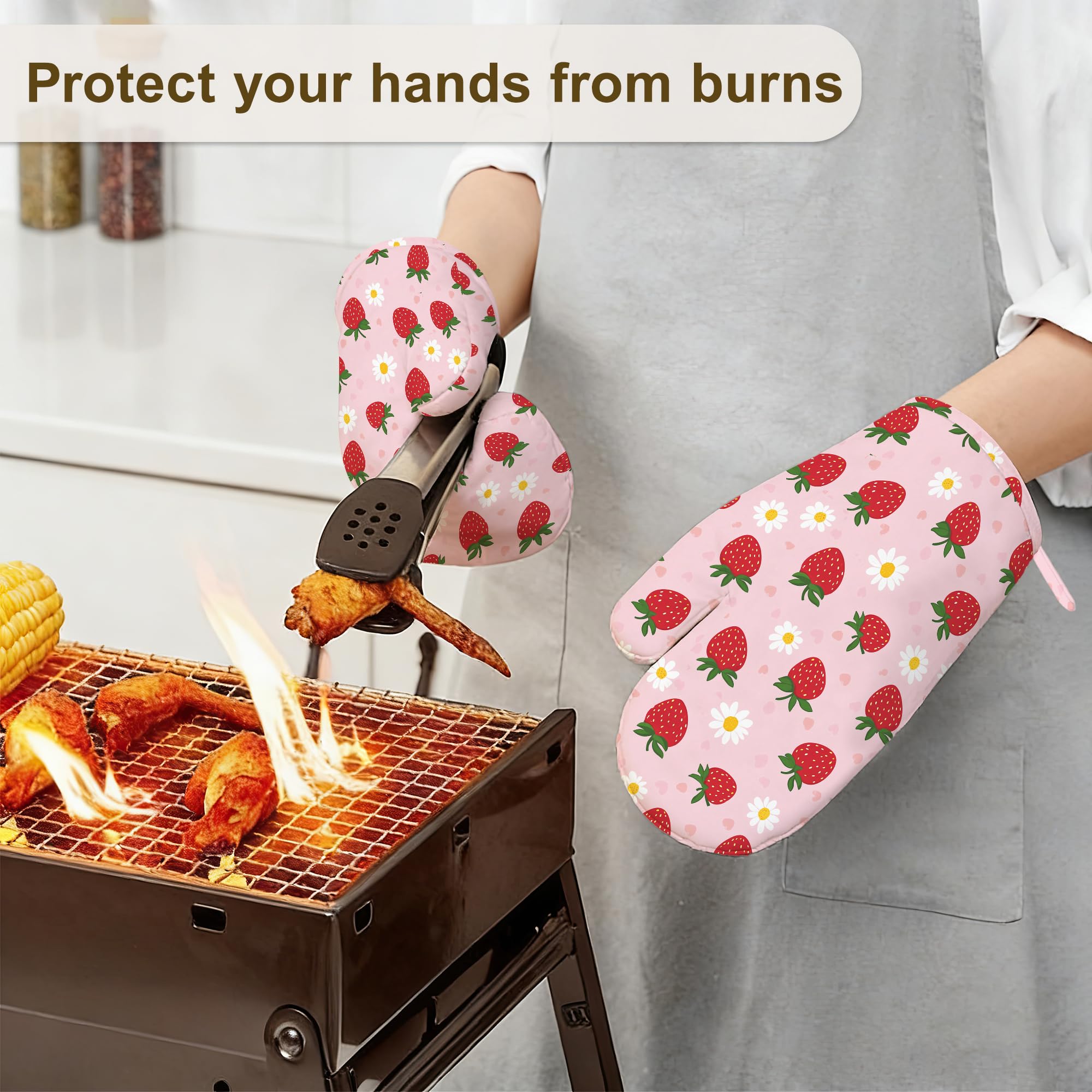 Juego de 4 manoplas de horno y soportes para ollas, diseño floral de fresa, guantes de cocina resistentes al calor con silicona antideslizante para hornear, cocinar, barbacoa
