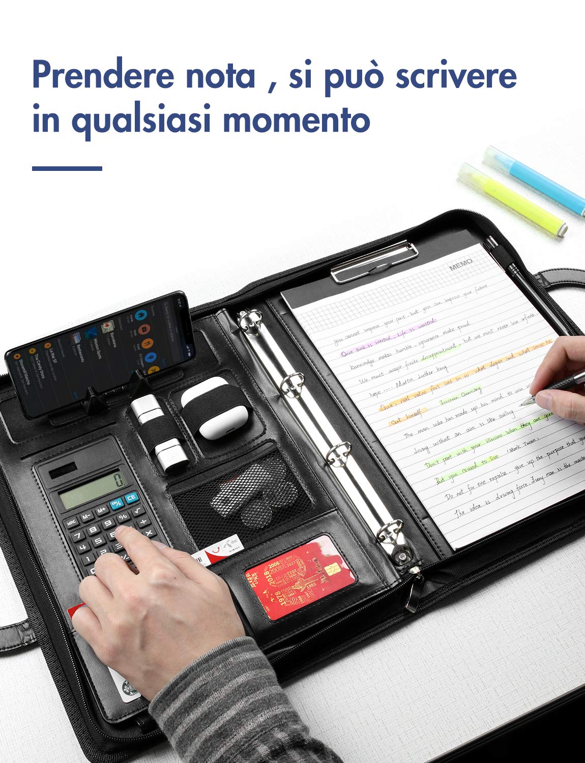 LOETAD Cartella Portadocumenti A4 con Cerniera Pelle Impermeabile Organizer da Viaggio con Portablocco Raccoglitore ad Anelli