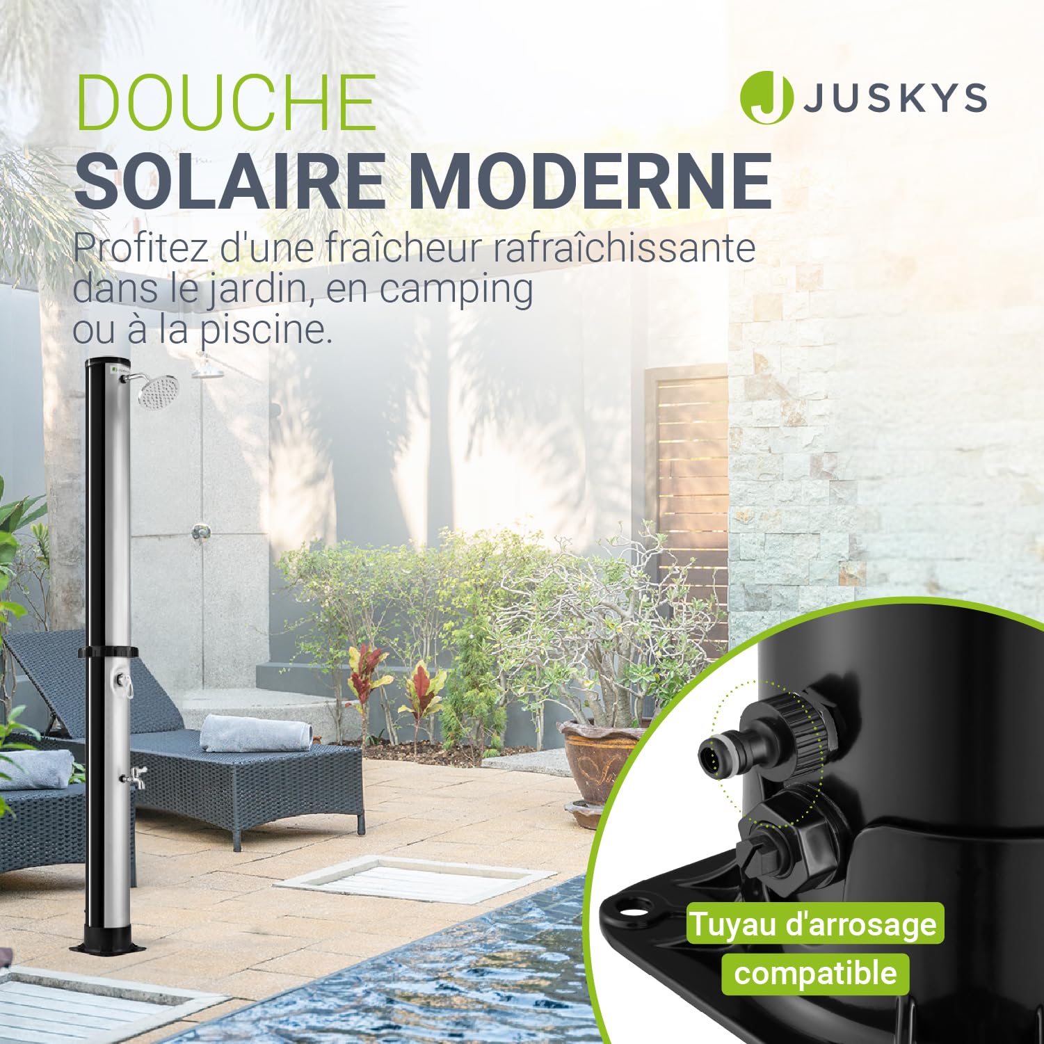 Juskys Douche Solaire exterieure Victoria 40 litres - jusqu'à 60 °C - Pommeau de Douche pivotant, Douche de Pied et raccord pour Tuyau d'arrosage - Douche de Jardin Douche Piscine exterieure