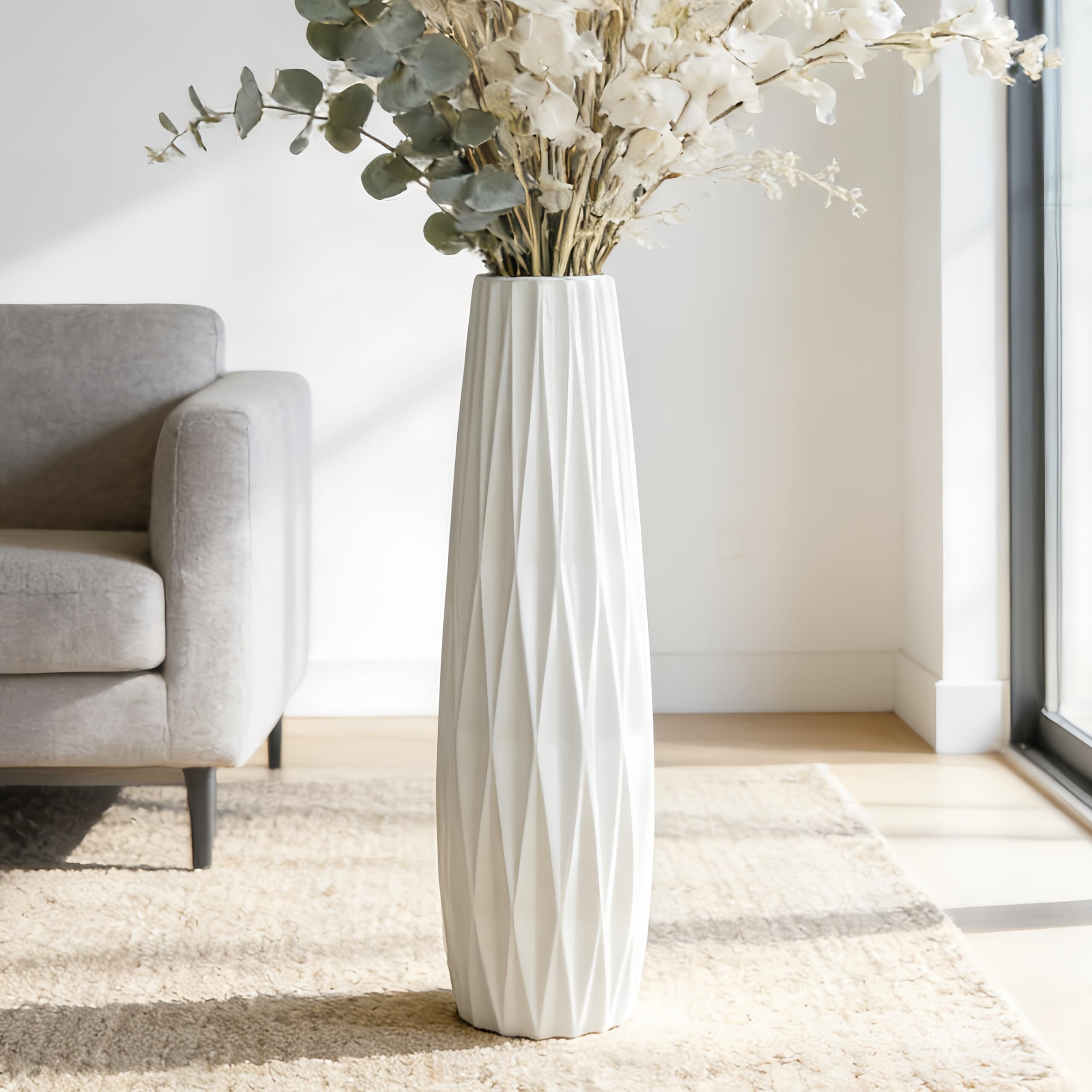DJYY White Tall Floor Vase, 28" Ceramic Standing Flower Vase, Large Decorative for Living Room, Bedroom,Glossy Glaze,Wedding Gift