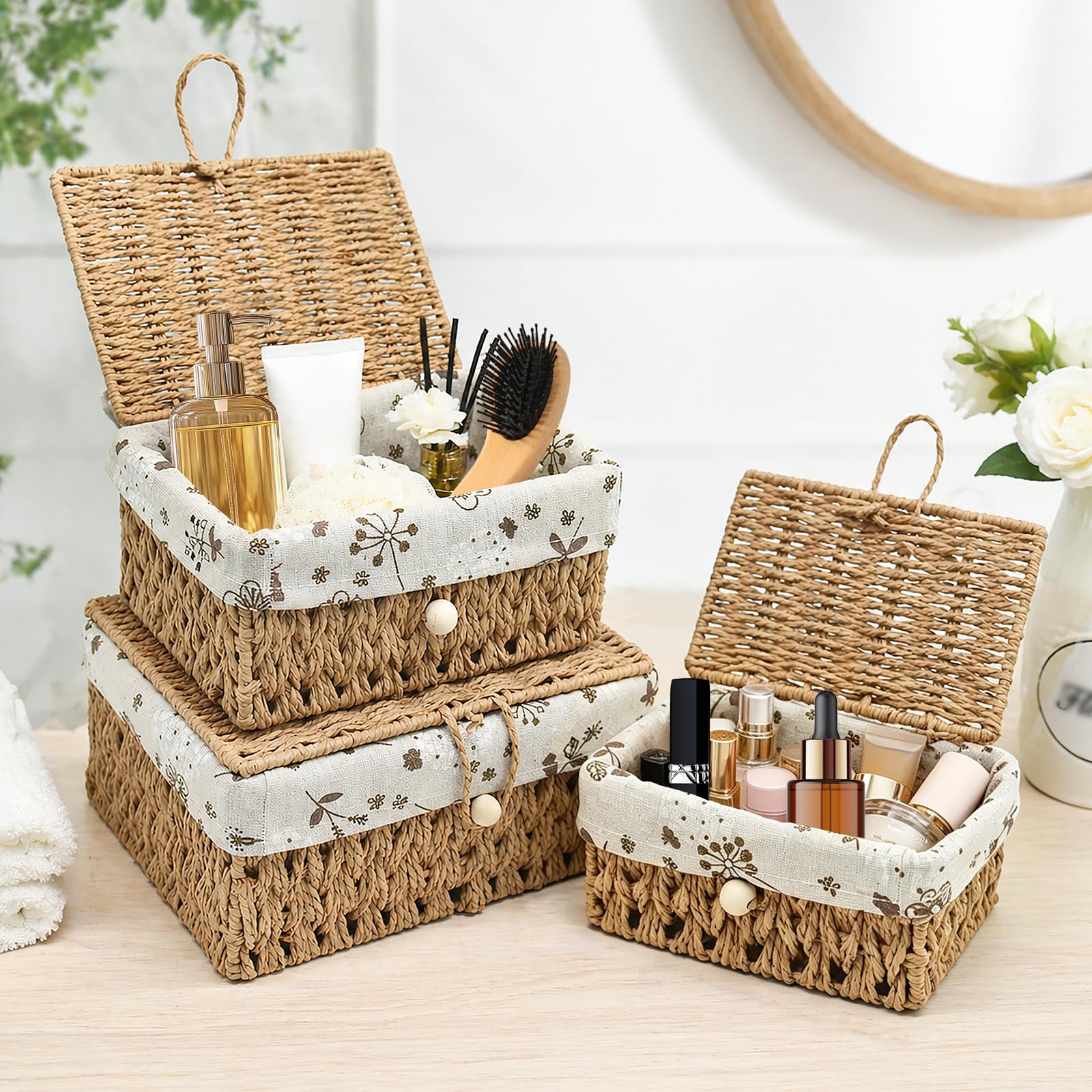 3er Set Aufbewahrungskorb Geflochten mit Deckel, Aufbewahrung Körbe Rattan, Stapelbare Regalkörbe mit Abnehmbarem Innenfutter, Boho-Decor Aufbewahrungsbox für Bad, Wohnzimmer, Schlafzimmer Küche, Haushalt & Wohnen
