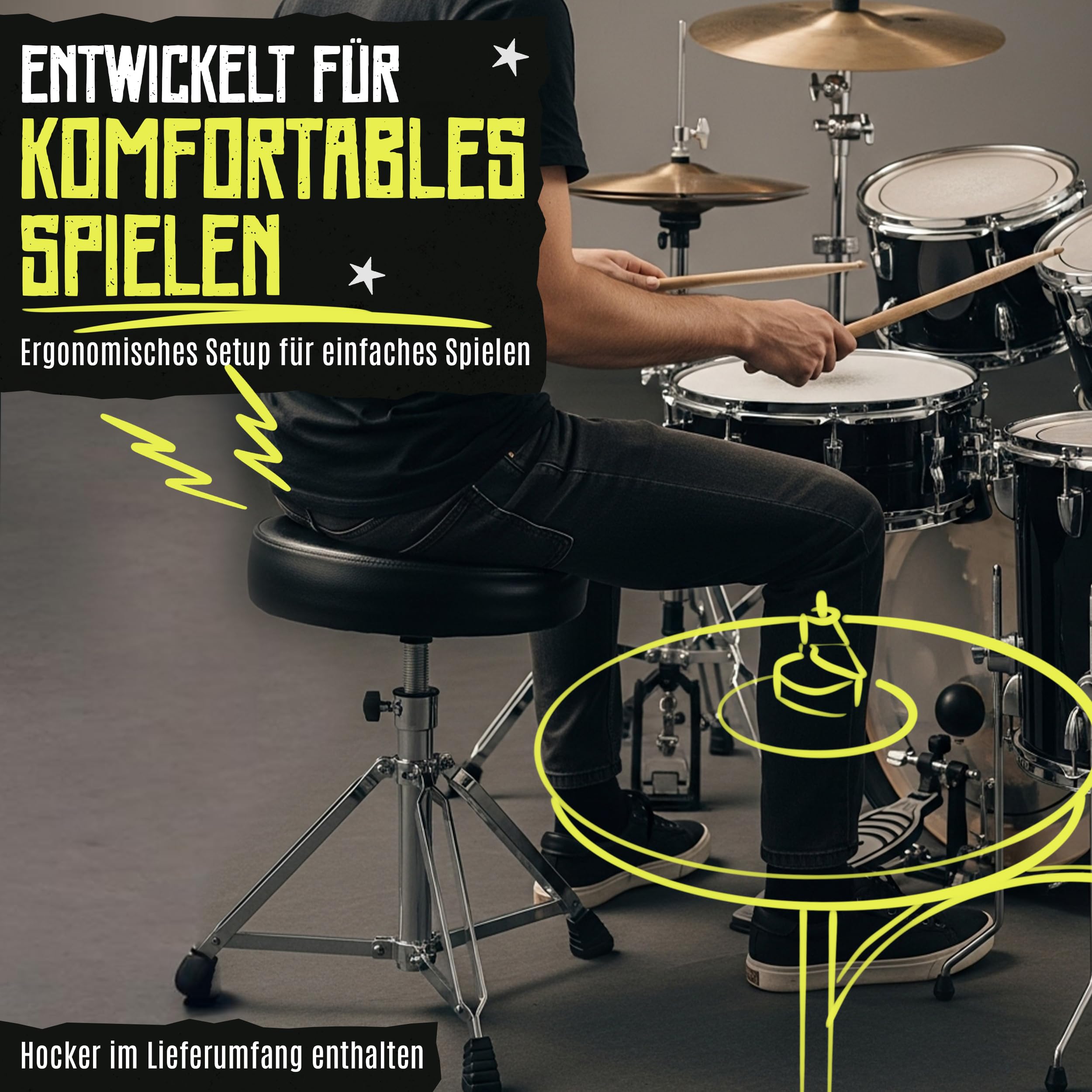 Santander Schlagzeug Set 9-teilig schwarz – Musik-Lern-Instrumentenset für Anfänger, Jugendliche & Schüler – mit Becken, Ständer, Hocker, Snaredrum, Bassdrum, Toms - in Hochglanz schwarz
