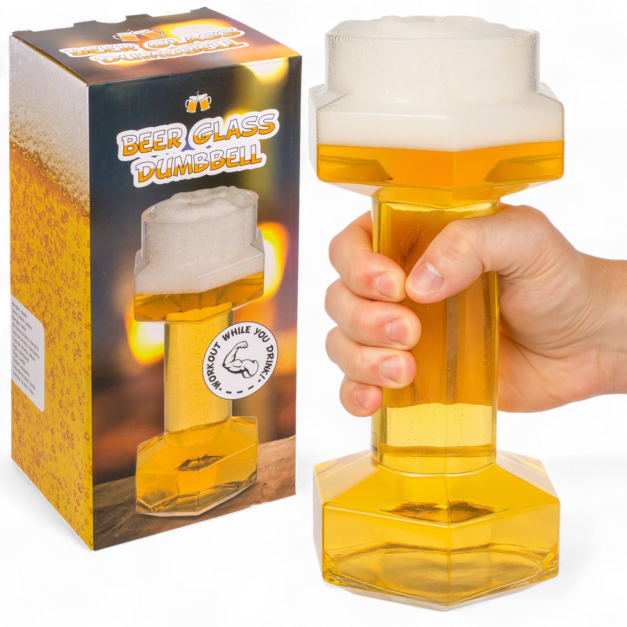 MIJOMA Bicchiere da birra a forma di manubrio, 22 cm – 700 ml – Allenamento casual per sport del bere, manubrio per amici della birra per fitness e feste – Un'avventura birraria per gli amanti del