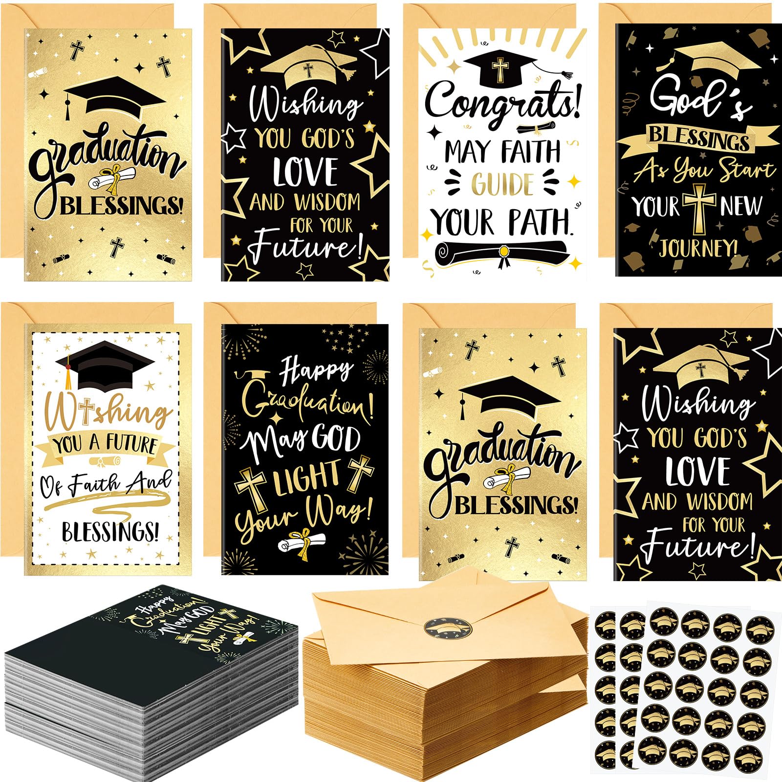 Motiskyy 48 Pack Cards with Envelopes and Stickers 6 Elegant Designs for Party Supplies(Black Gold,Graduation Religious Style)