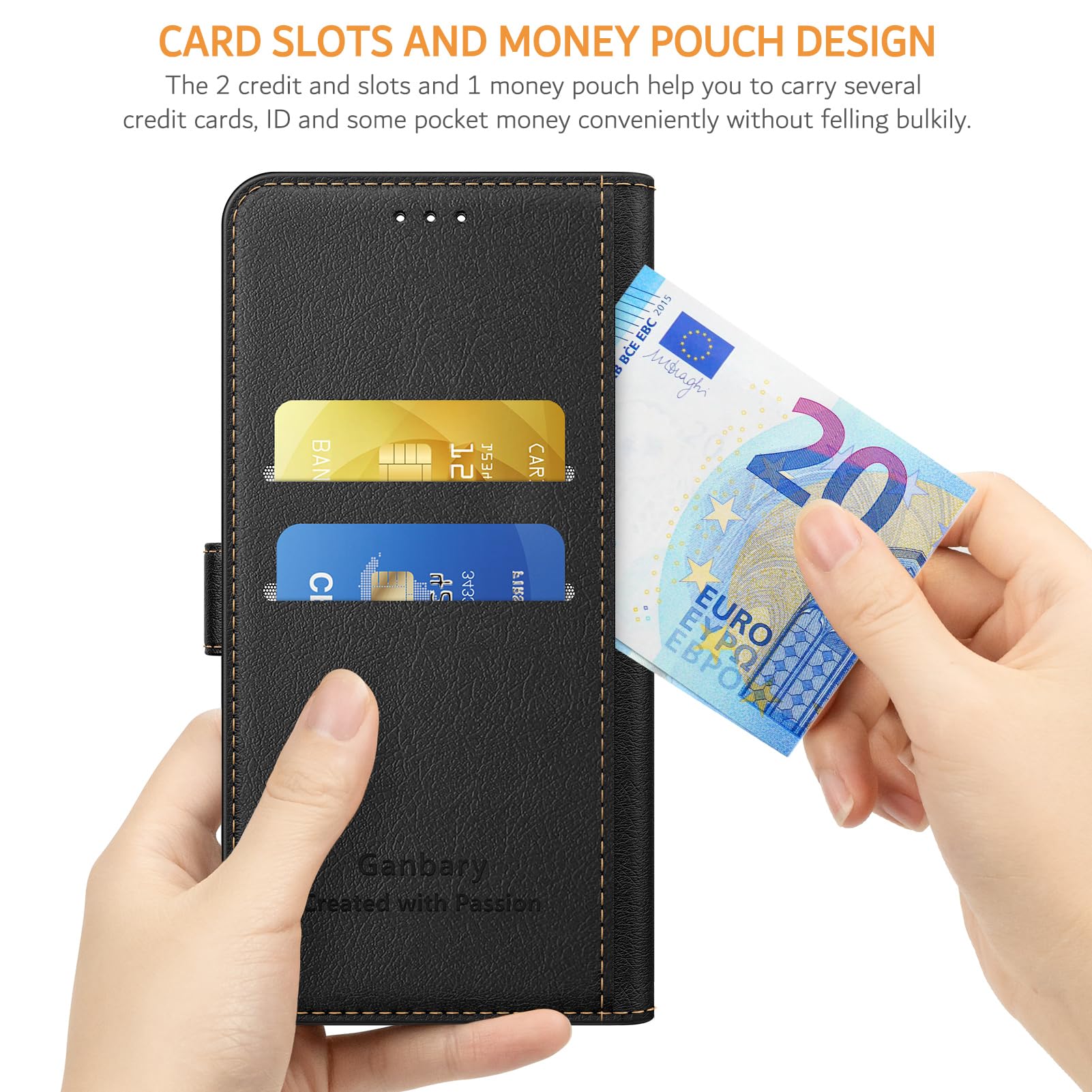 Ganbary Etui kompatybilne z Xiaomi Redmi Note 14 Pro 5G (nie dla 4G), wysokiej jakości etui z klapką ze skóry PU [pełna ochrona] [przegródki na karty] [podpórka], czarne