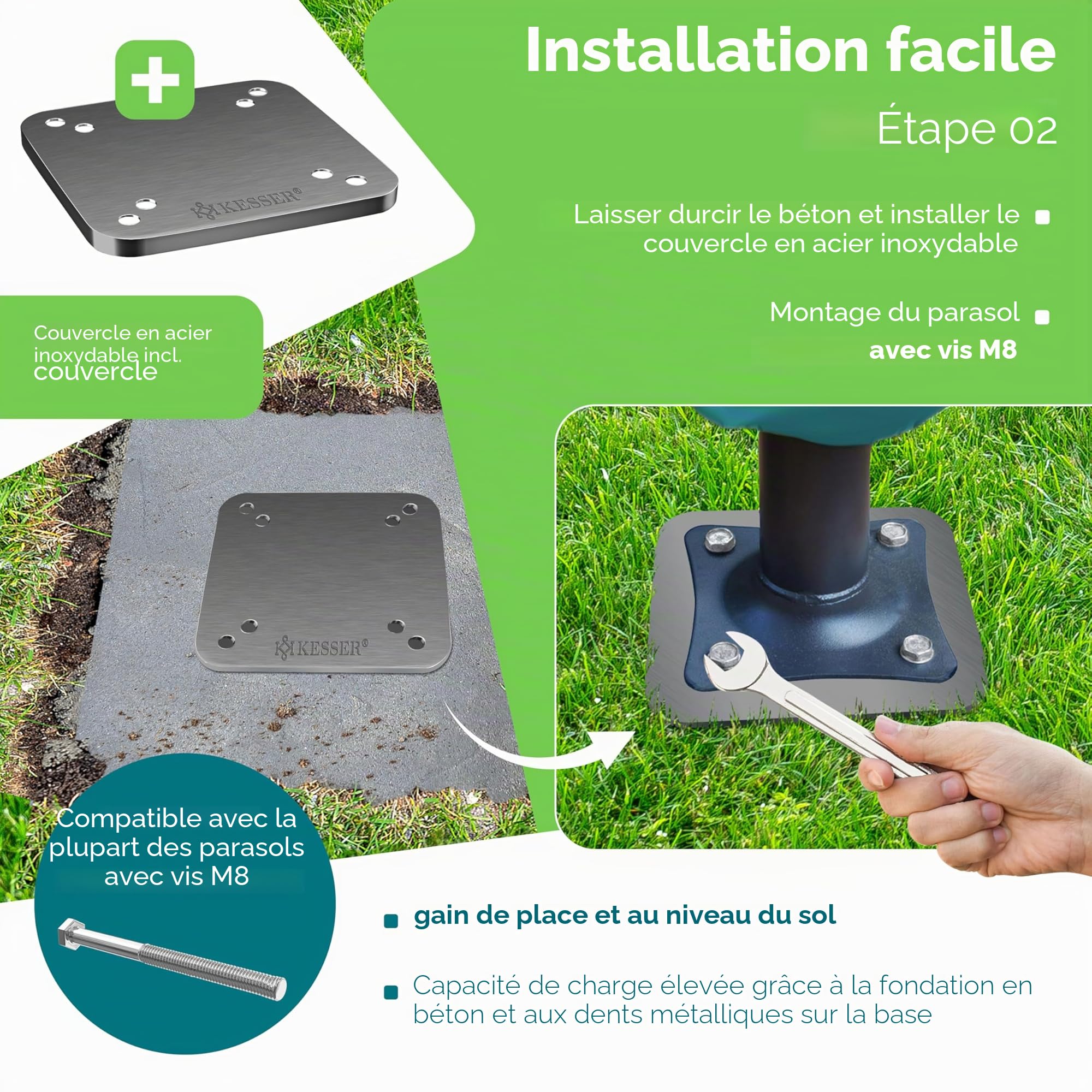 KESSER® Plaque de base universelle en métal | Support pour parasol, auvent, parasol à manivelle | Fixation au sol | 16 x 16 cm, avec gants