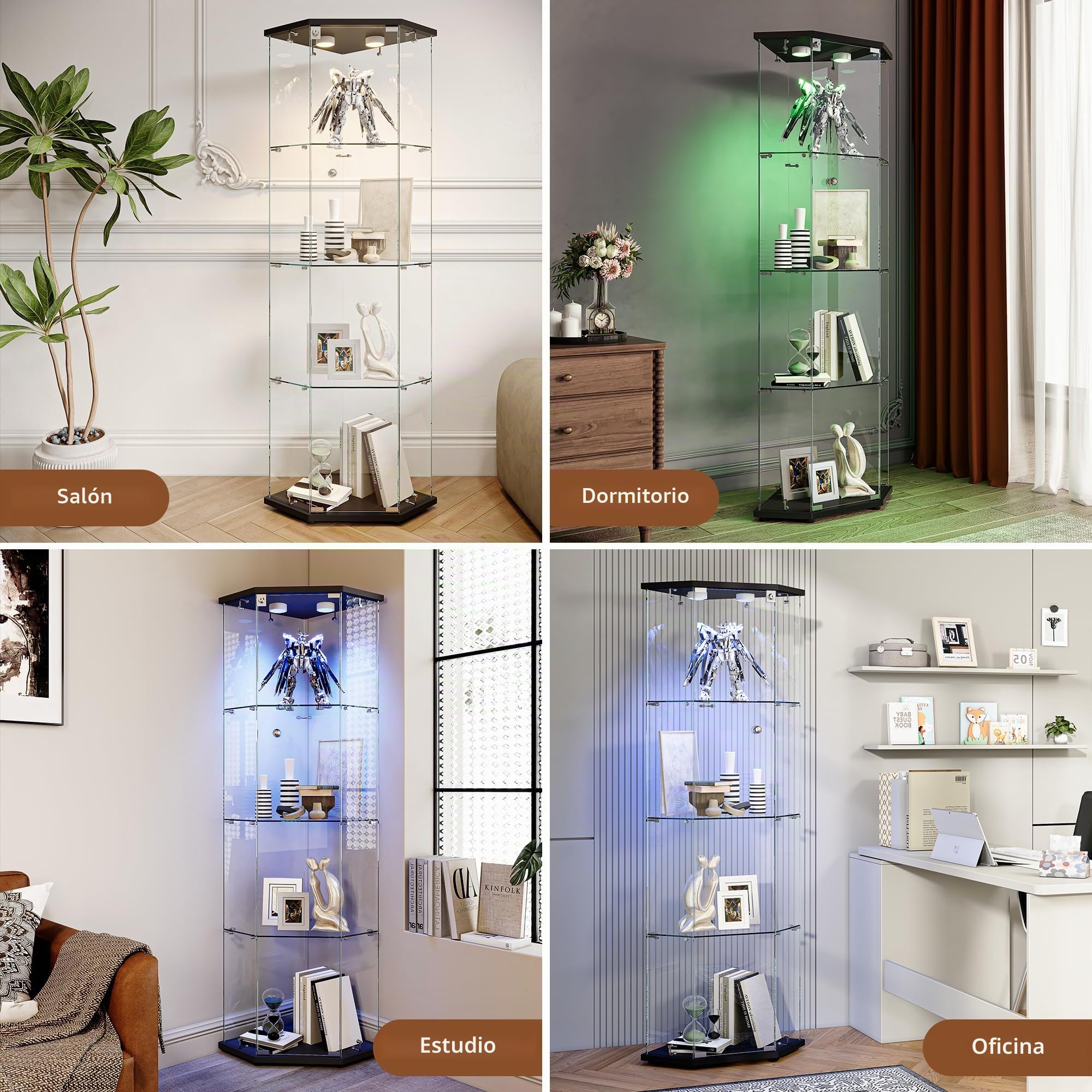 Vitrina De Cristal LED Para Colección Con 1 Puerta, Armario Esquina De 4 Capas Con Cerradura, Mueble Transparente Para Salón, Bar, Dormitorio, Oficina - Negro