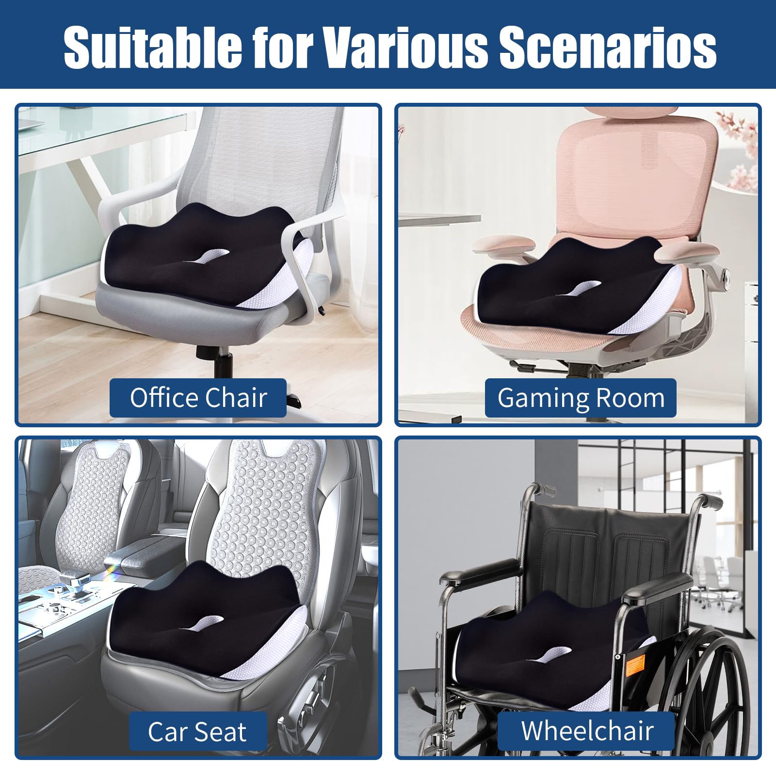 Cojín ortopédico para asiento de coche, coxis, alivio del dolor de ciática, hemorroides, cojín ergonómico de espuma viscoelástica para silla de oficina, silla de ruedas, juegos, color negro