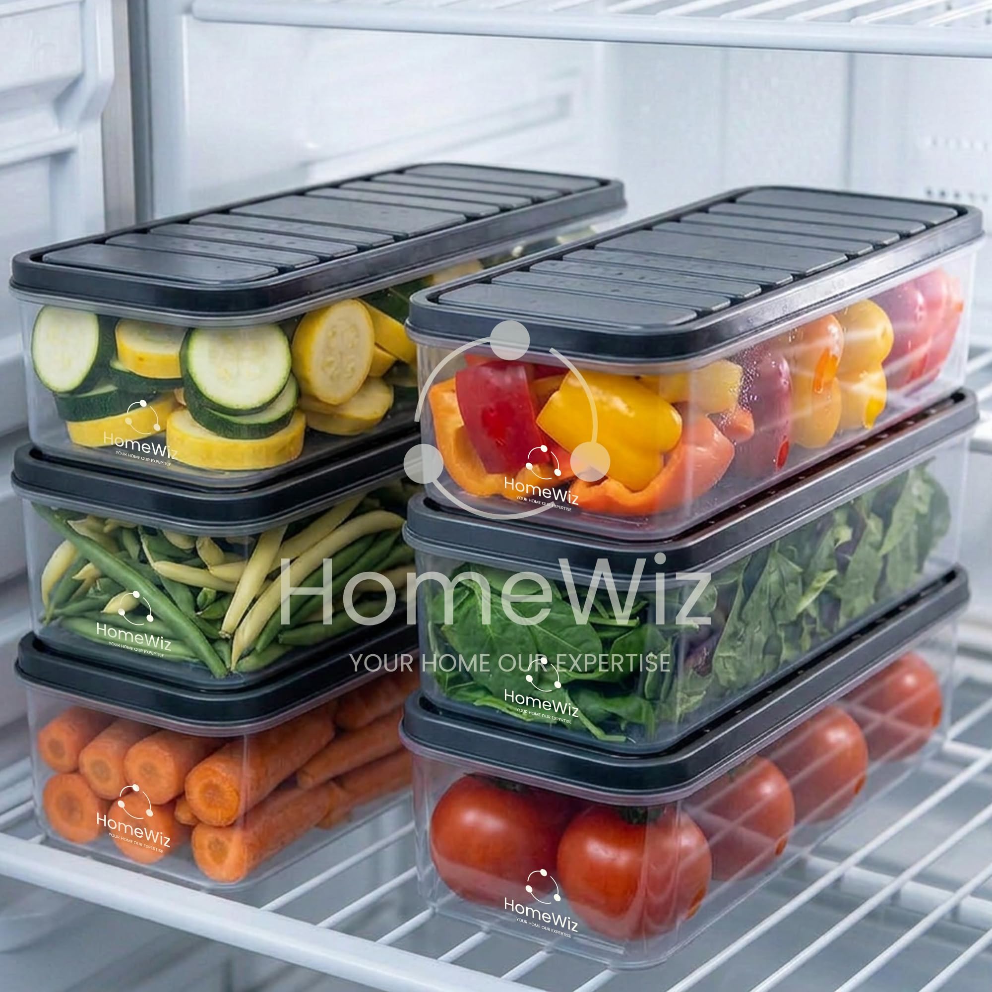 HomeWiz Airtight Plastic Food Storage Containers Set | 6-Piece Kitchen & Fridge Organizer Box | Leak-Proof, BPA-Free, Durable, 1200ml, Gray Color | Kitchen Storage box, Kitchen Accessories Items