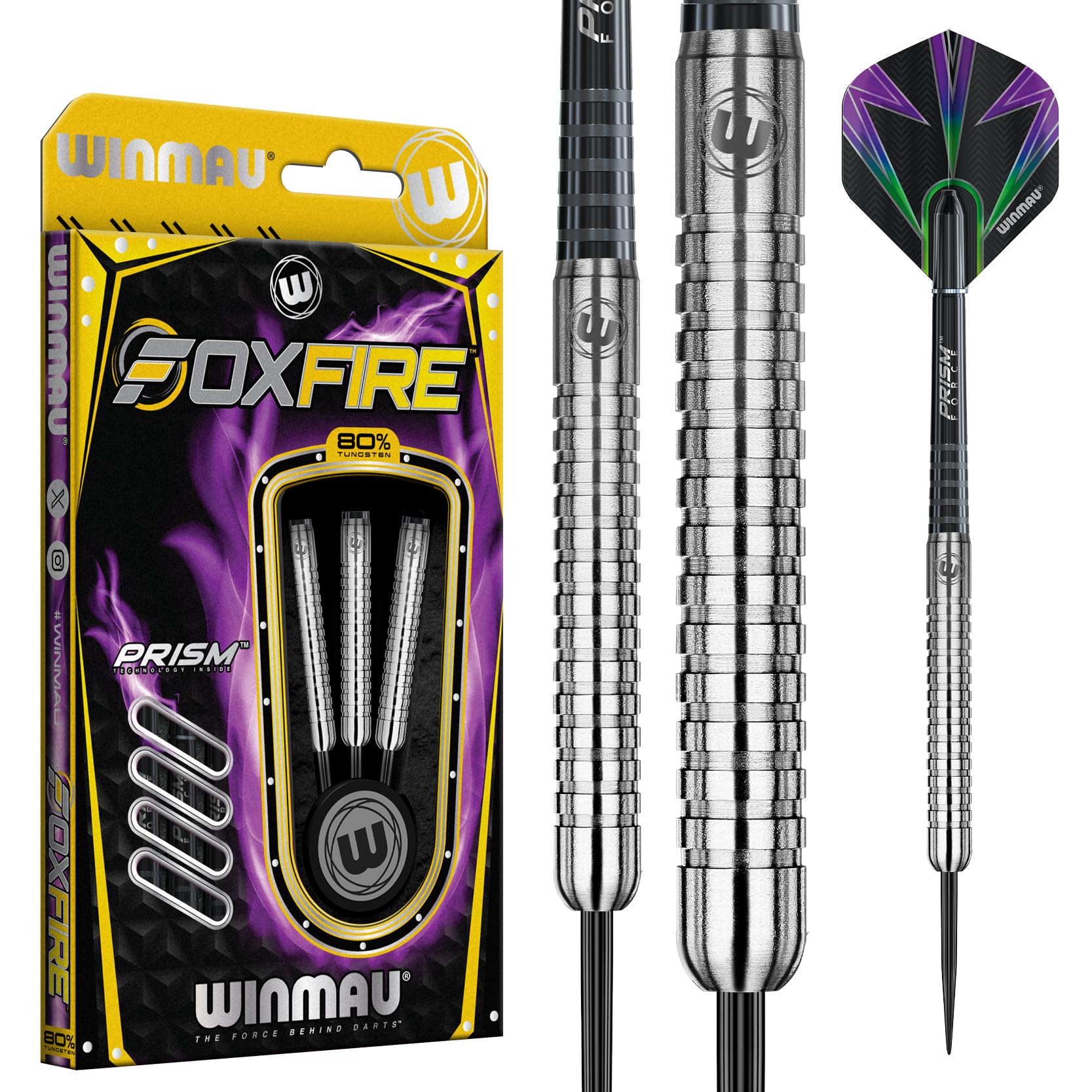 WINMAU Foxfire Freccette in tungsteno – Disponibili nei Pesi da 21, 22, 23, 24, 25, 26 e 28 Grammi, Complete di Alette e astine Prism