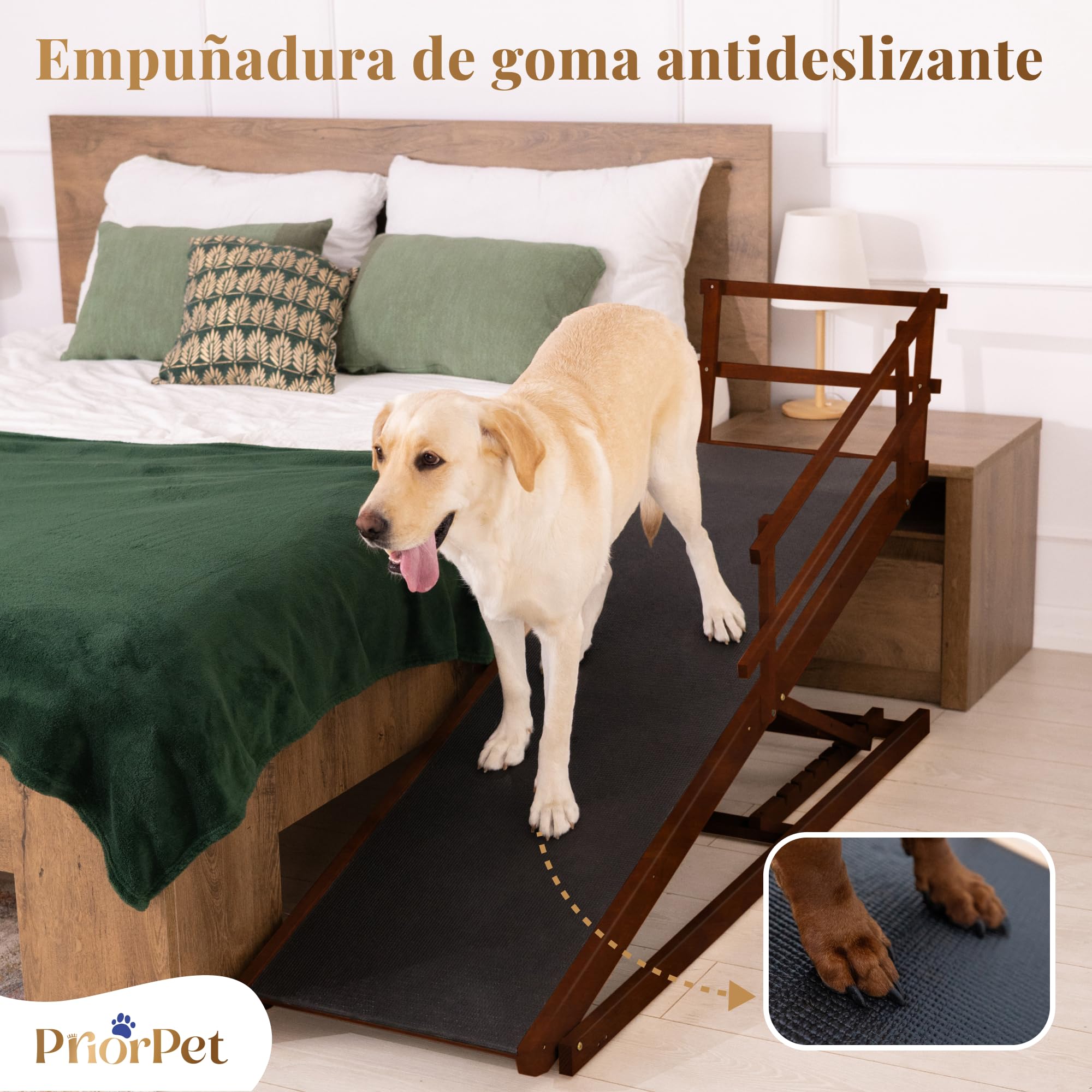 Rampa para Perros Cama con Rieles de Seguridad para Perros Grandes – para Camas Altas de hasta 94,5 cm – Soporta hasta 90 kg – Ancho 49,5 cm – Plegable, Antideslizante – Madera de Abedul – Nuez
