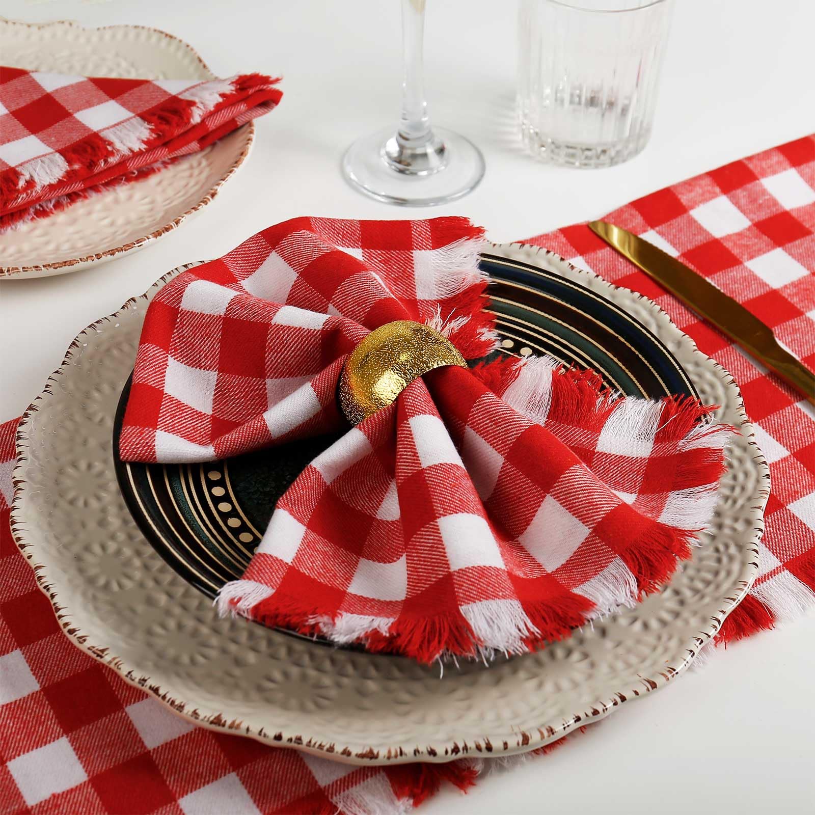 Set di 12 tovaglioli di stoffa fatti a mano in 100% cotone con frange, 43 x 43 cm, tovaglioli a quadri rossi per il Ringraziamento, Natale, pasti quotidiani