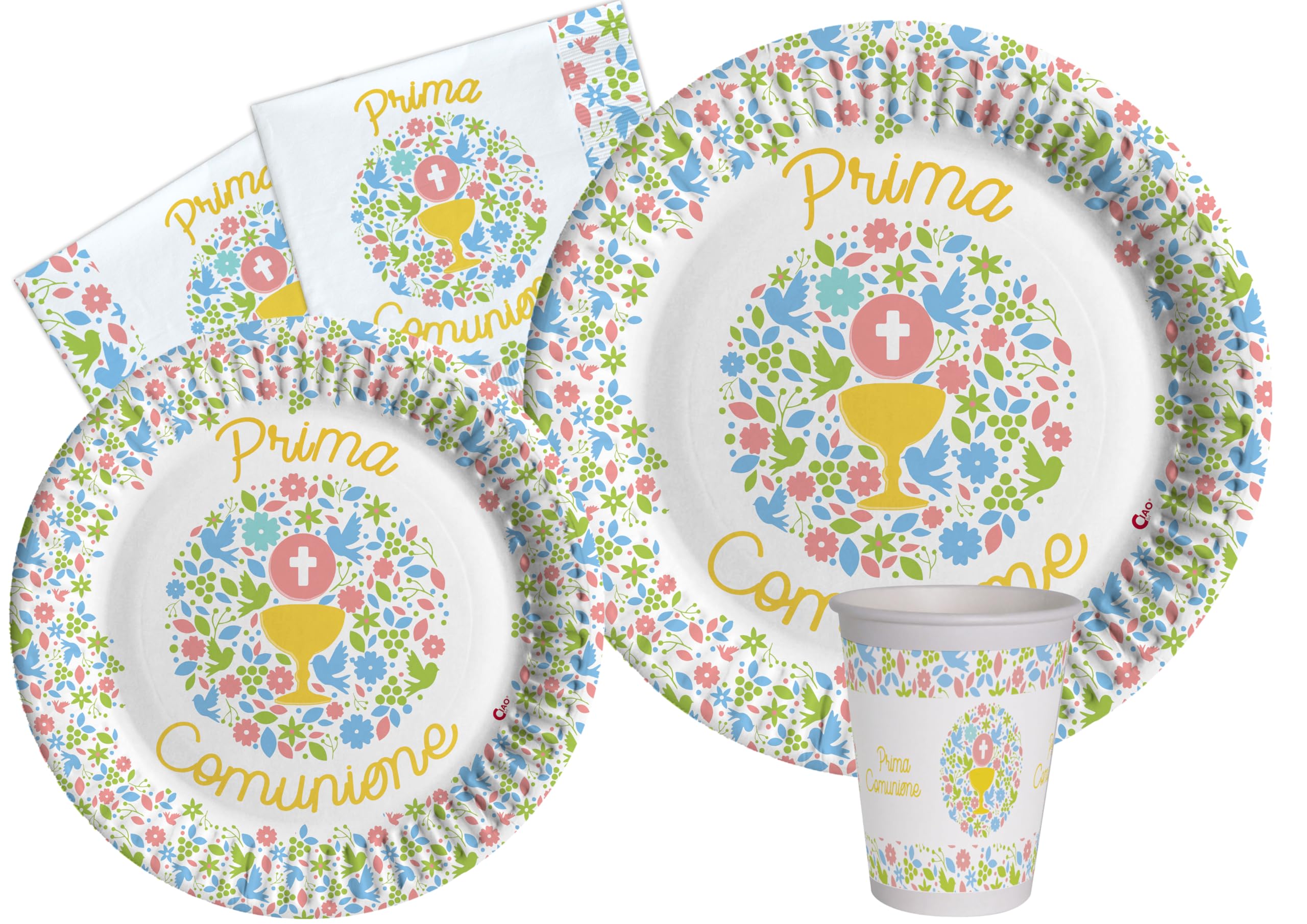 Ciao Party Tableware Set Prima Comunione for 24 People (112 pcs: 24 Plates Ø23cm, 24 Plates Ø18cm, 24 Cups 200ml, 40 Napkins 33x33cm) in eco-Friendly compostable Paper