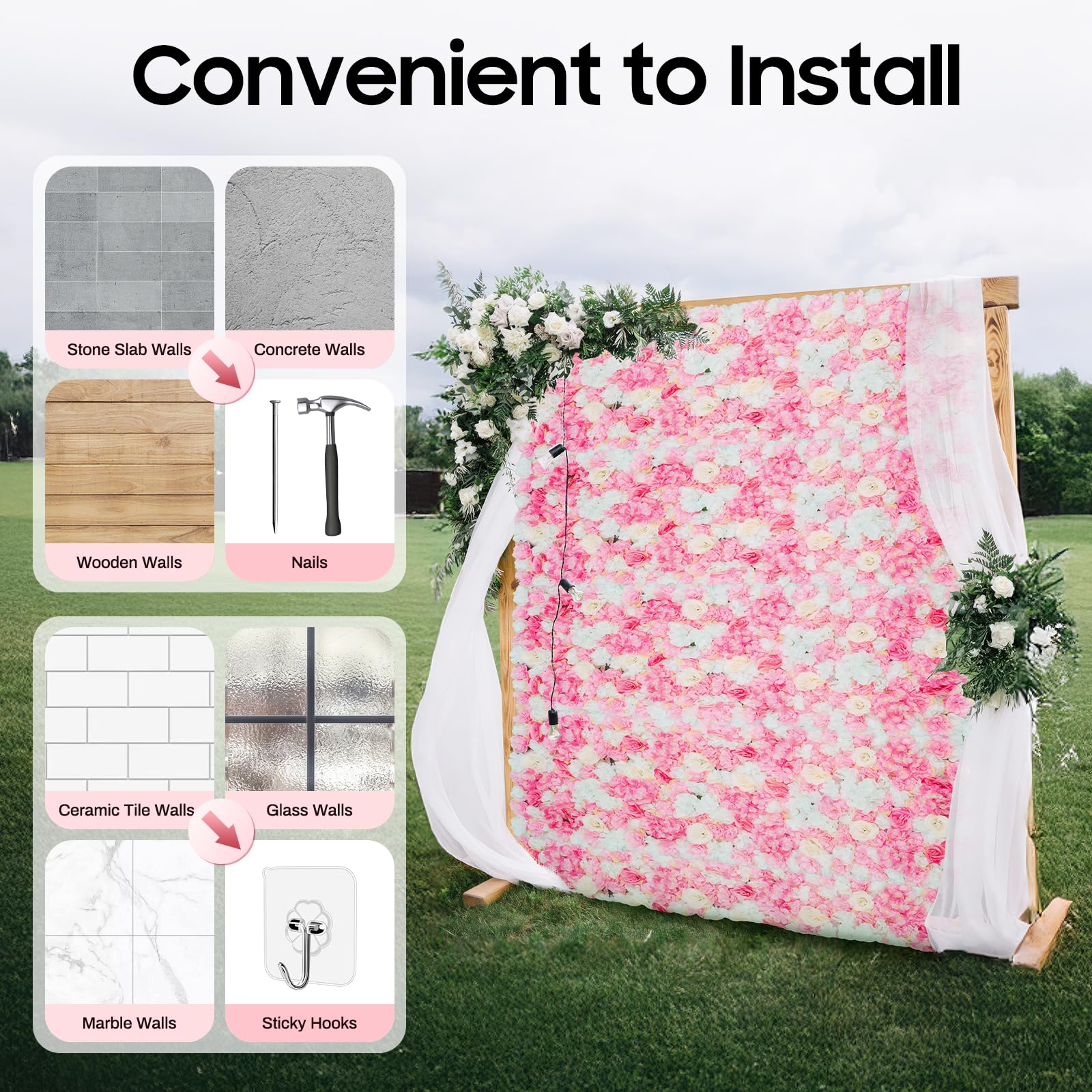 Künstliche Blumenwand Rosenwand, DIY Hochzeit Hintergrund Wandplatten für Gartenparty Hochzeit Dekor 60x40cm Dunkelrosa (20)
