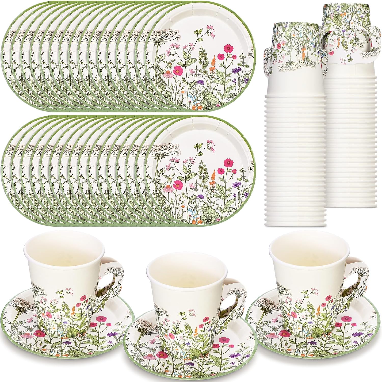 Funnymoom 50 Sets Floral Party Supplies Disposable Floral Party Paper Tea Cups Disposable Vintage Teacup and Saucer Set Vintage Teacup Set White Tea Favor for Garden Birthday Bridal Wedding