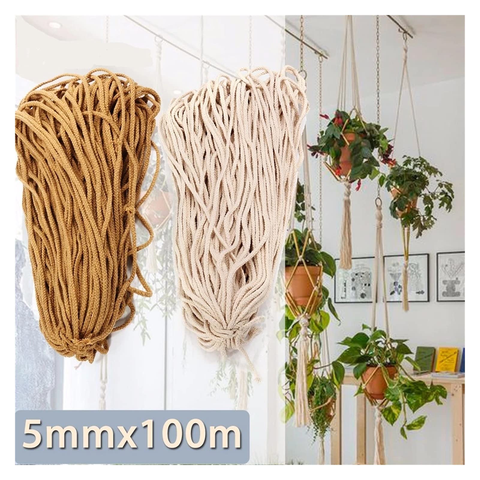 Cadena 5MMX100M Cuerda de Macrame de algodón Trenzado Cuerda torcida Rope DIY Craft Macrame Woven String Inicio Accesorios Textiles Regalo Beige Khaki para Manualidades (Color : Beige)