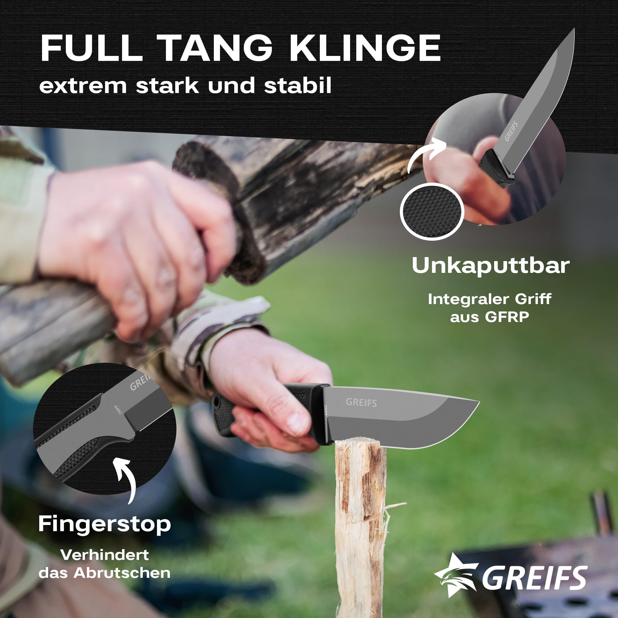 GREIFS® Outdoor-Messer G-Serie aus 440C Stahl mit Holster & Dangler, edles Survival Messer für die Bushcraft Ausrüstung, Jagdmesser, Schnitzmesser, Fahrtenmesser (G5/Schwarz)