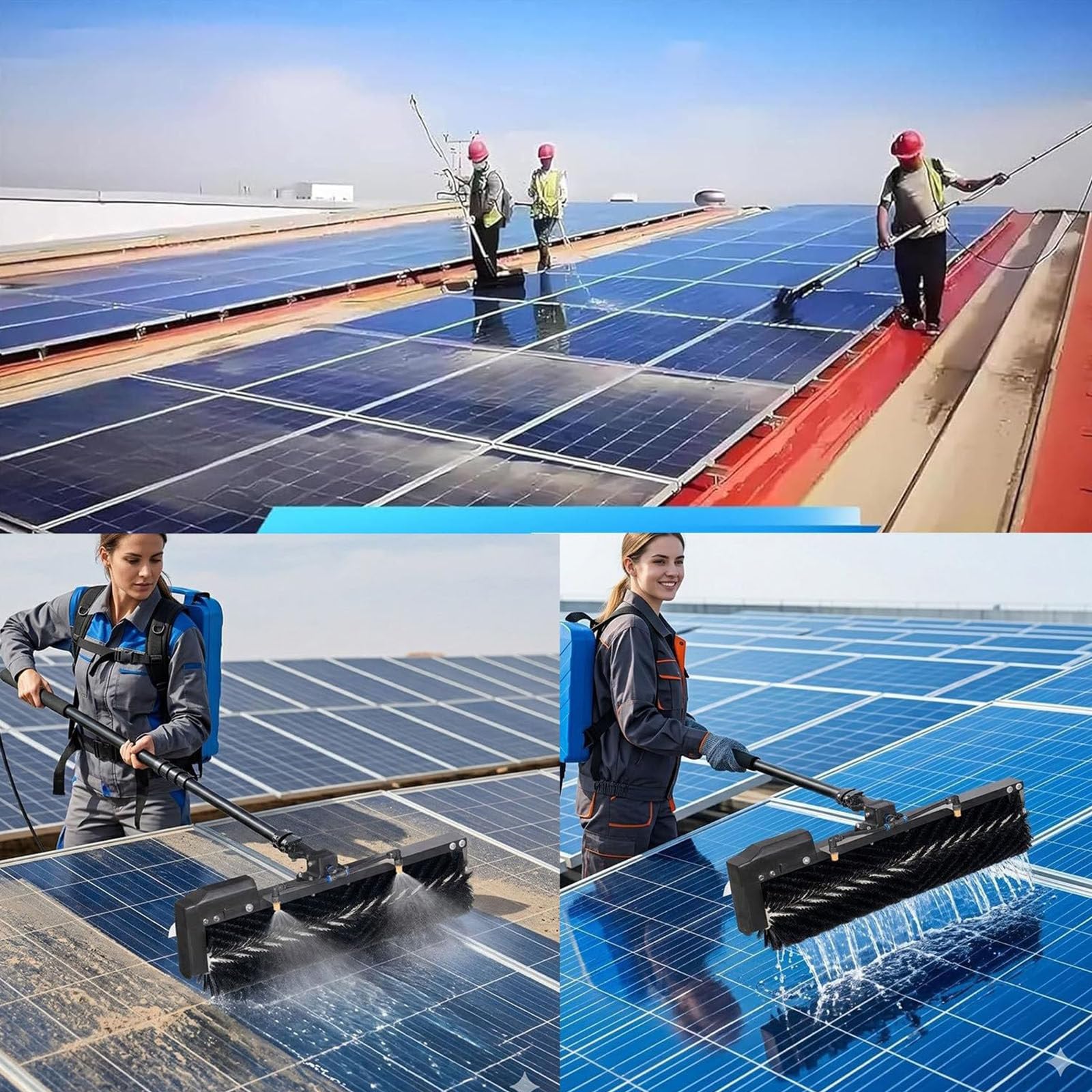 Strumenti Elettrici per Manutenzione Pannelli Fotovoltaici, Spazzola Rotante 60cm, Asta Telescopica 3,5/5,5/7,5m, Alimentata Acqua, Batteria 24V 30Ah per Pulizia di Vetrate e Tetti 7.5M/24FT