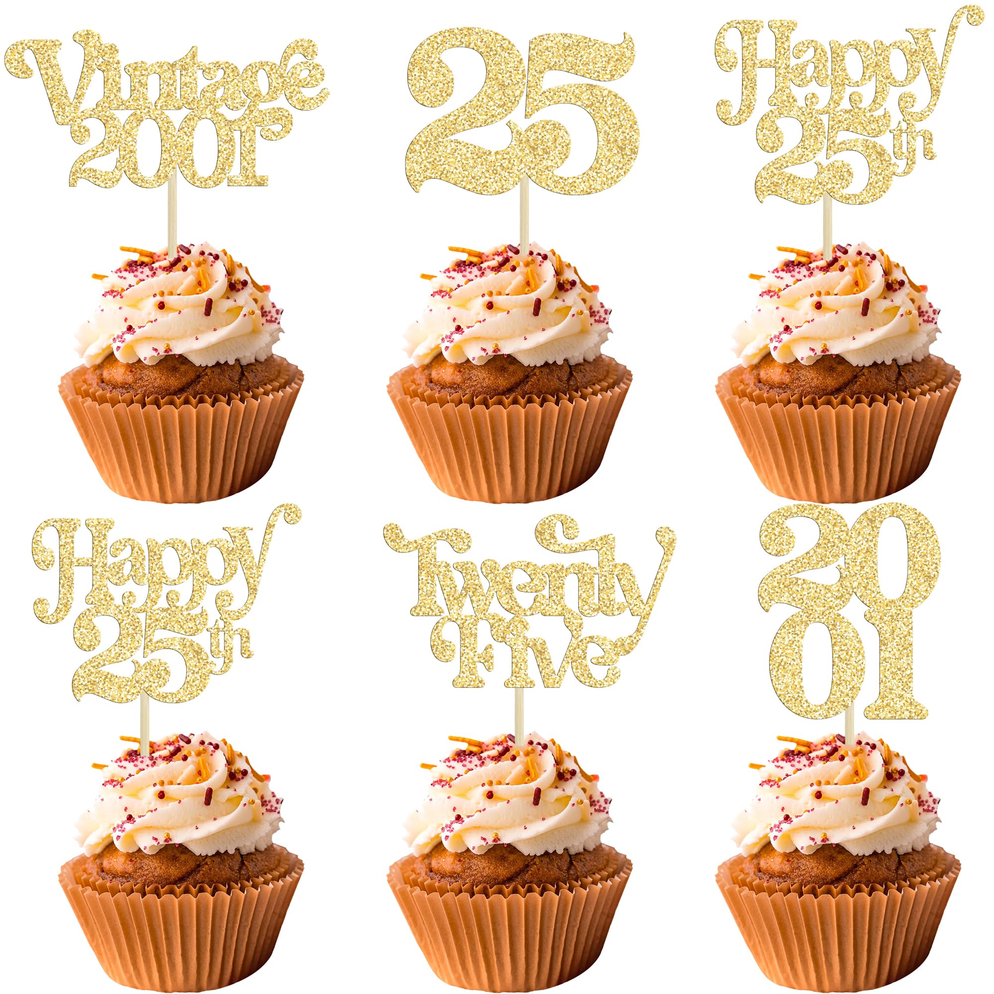 Gyufise 30Pcs 25th Birthday Cupcake Toppers Glitter Twenty-Five Vintage 2001 Cheers to 25 Cupcake Picks Hello 25 Years Birthday Cake Decorations for 25th Anniversary Party Supplies Gold