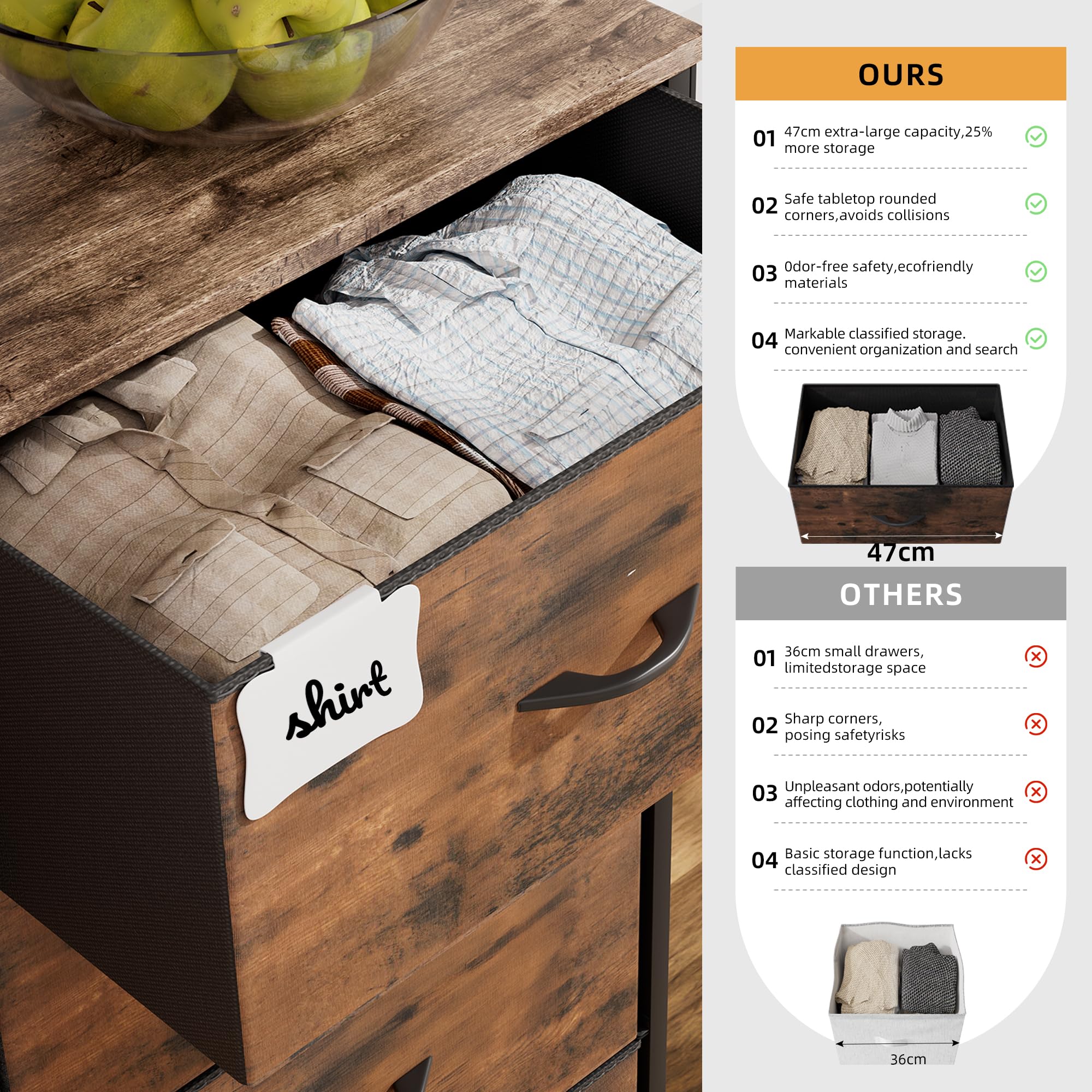 PURFINO Stoffen Ladekast Commode - Geurvrije Canvas Opbergunit met 9 Grote Laden, Etiketkaarten, Zijvak & Haak voor Woonkamer, Hal, Slaapkamer