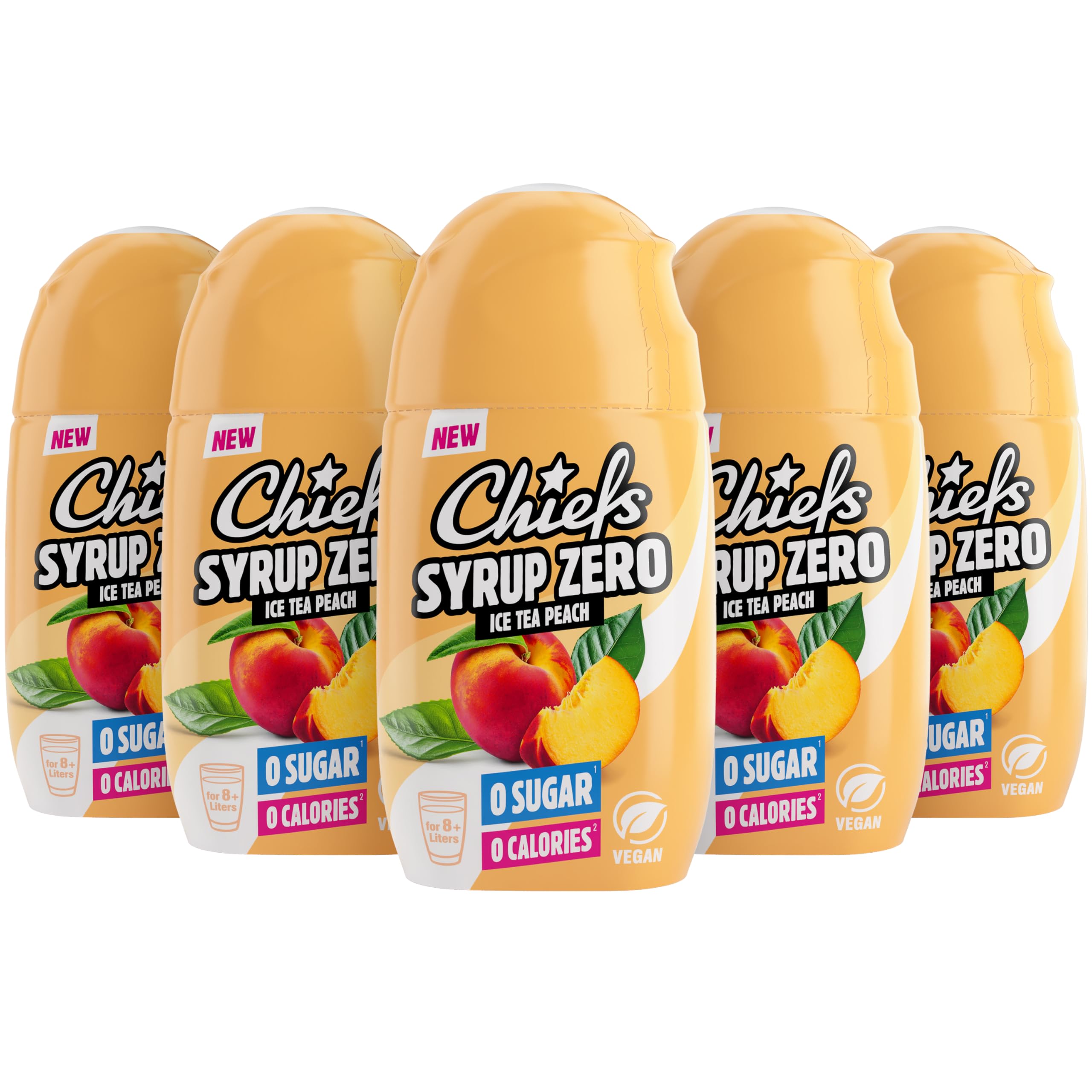 CHIEFS Syrup Zero, Ice Tea Peach, 5 x 65 ml, für mehr als 32 l Fertiggetränk, Sirup zuckerfrei mit echten Fruchtextrakten, vegan, 0 Kalorien,made in Germany