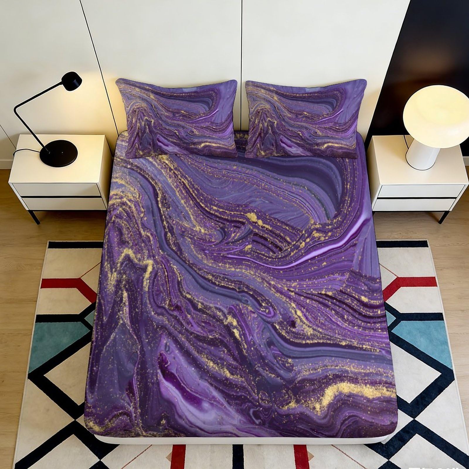 Jqzkxnhpbr Style-5 3D Printed Purple Marble Fitted Sheet Microfiber Soft Breathable Gold Swirl Mattress Cover For Bedroom Guest Room Decor 90X200x25cm