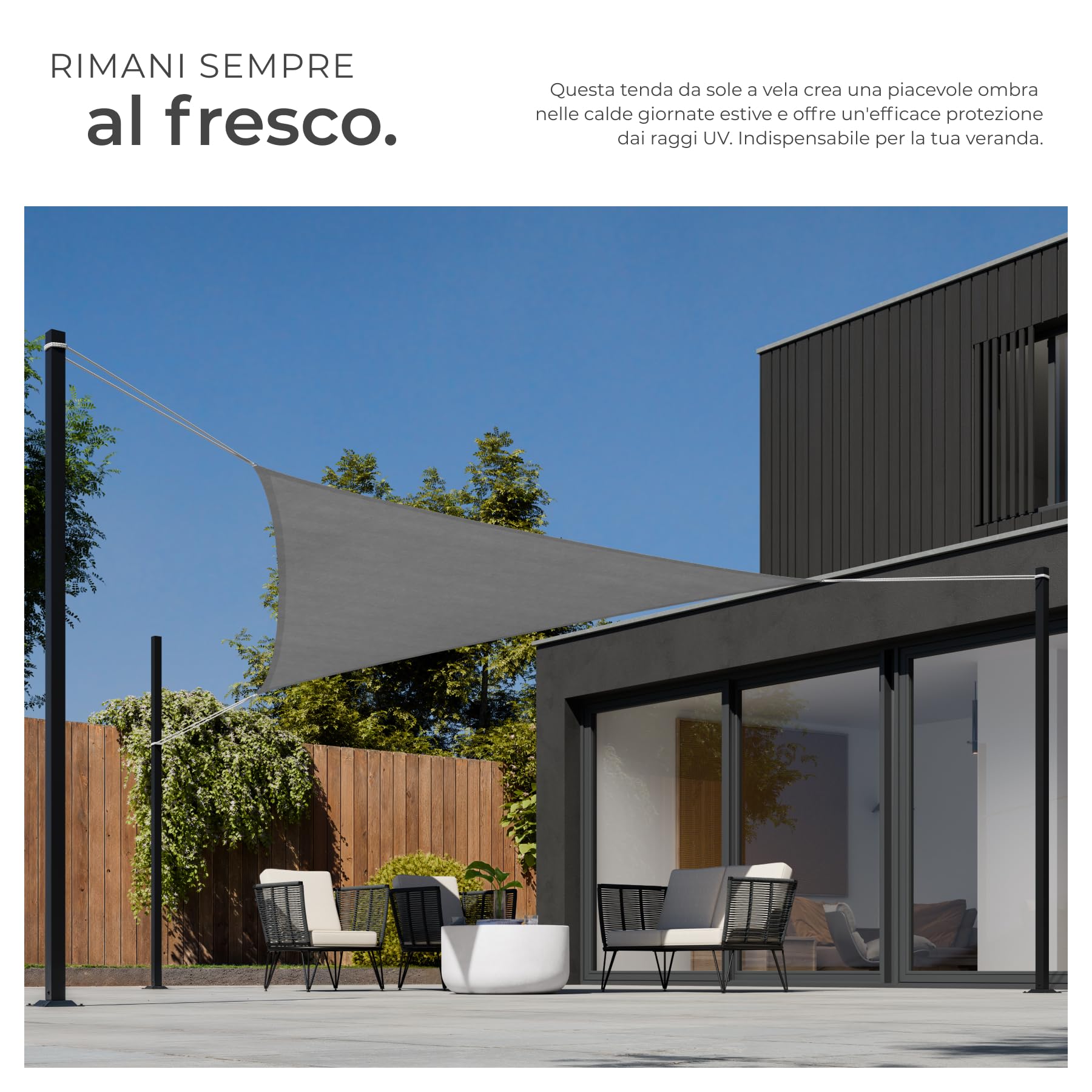 Tenda a Vela Solare 3,6 x 3,6 x 3,6 m Protezione UV 50+ Telo Occhiellato Traspirante Anelli Acciaio Inox