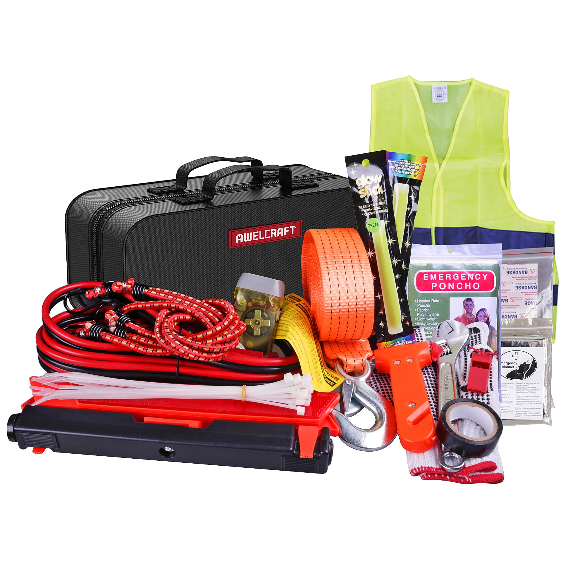 Car Emergency Kit – Roadside 43 Pieces Heavy Duty Car Emergency Kit – Jumper Cables UL Listed, Triangle, Tire Pressure Gauge, Raincoat, Tow Rope, etc– Car Accessories for Women and Men