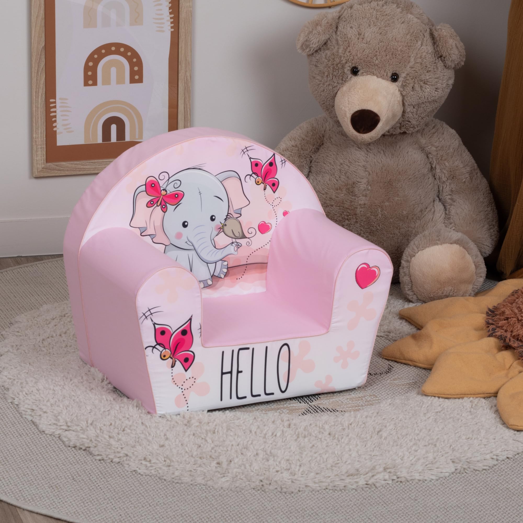 Kindersessel ab 1 Jahr – Bequem und Leicht – Sessel Kinderzimmer – Waschbarer Bezug – Weiche Schaumstoffpolsterung (Elefant - Rosa)
