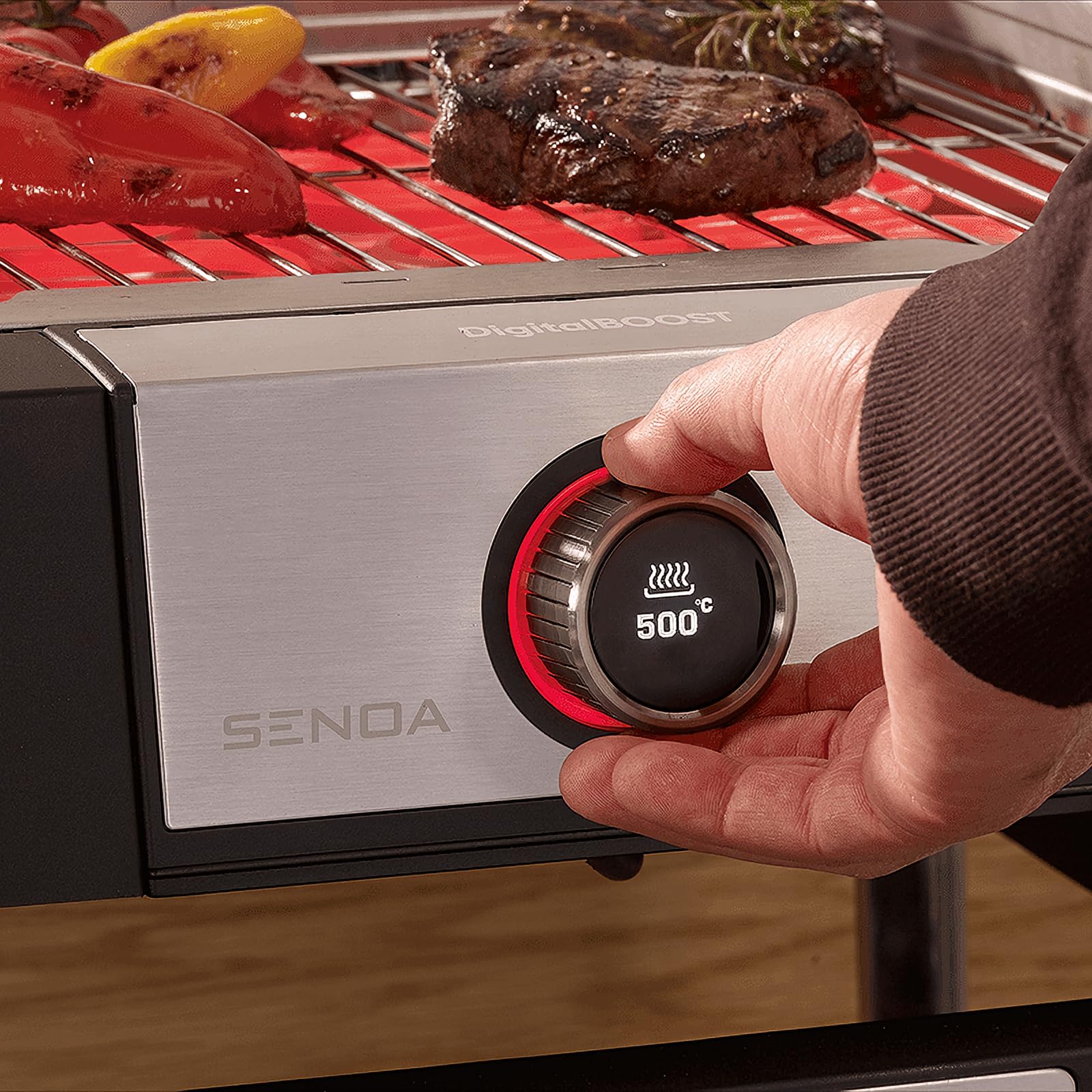SEVERIN Barbecue électrique SENOA DigitalBOOST S, Gril électrique 3 000 W, Barbecue électrique sur pieds avec démarrage rapide jusqu’à 500°C, Affichage OLED, Sonde thermique, Inox/Noir, PG 8118