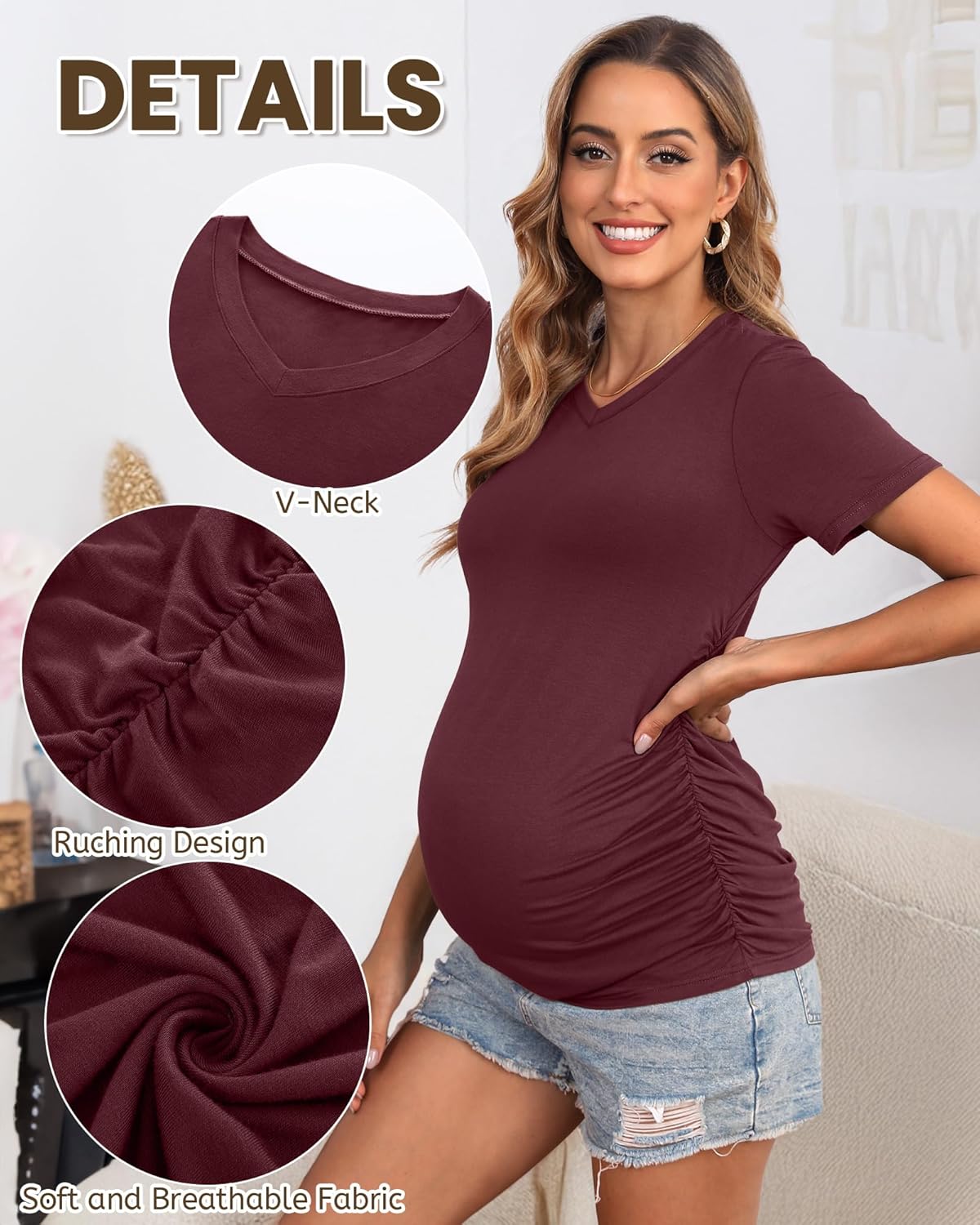 Huukeay 4 Pack Women's Maternity Shirts, V Neck Maternity Top Short Sleeve Casual Tee Side Ruched Pregnancy Clothes - Image 6