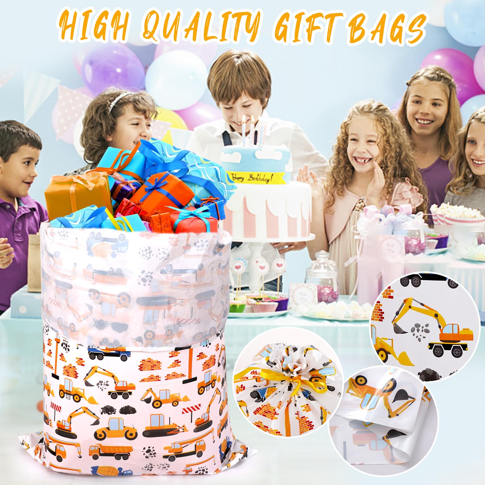 Extra Large Plastic Gift Bag, 56" H x 36" W Jumbo Gift bag Printed Children's Engineering Vehicles Excavator Gift Bag, Specially Set for Birthday Parties and Holidays