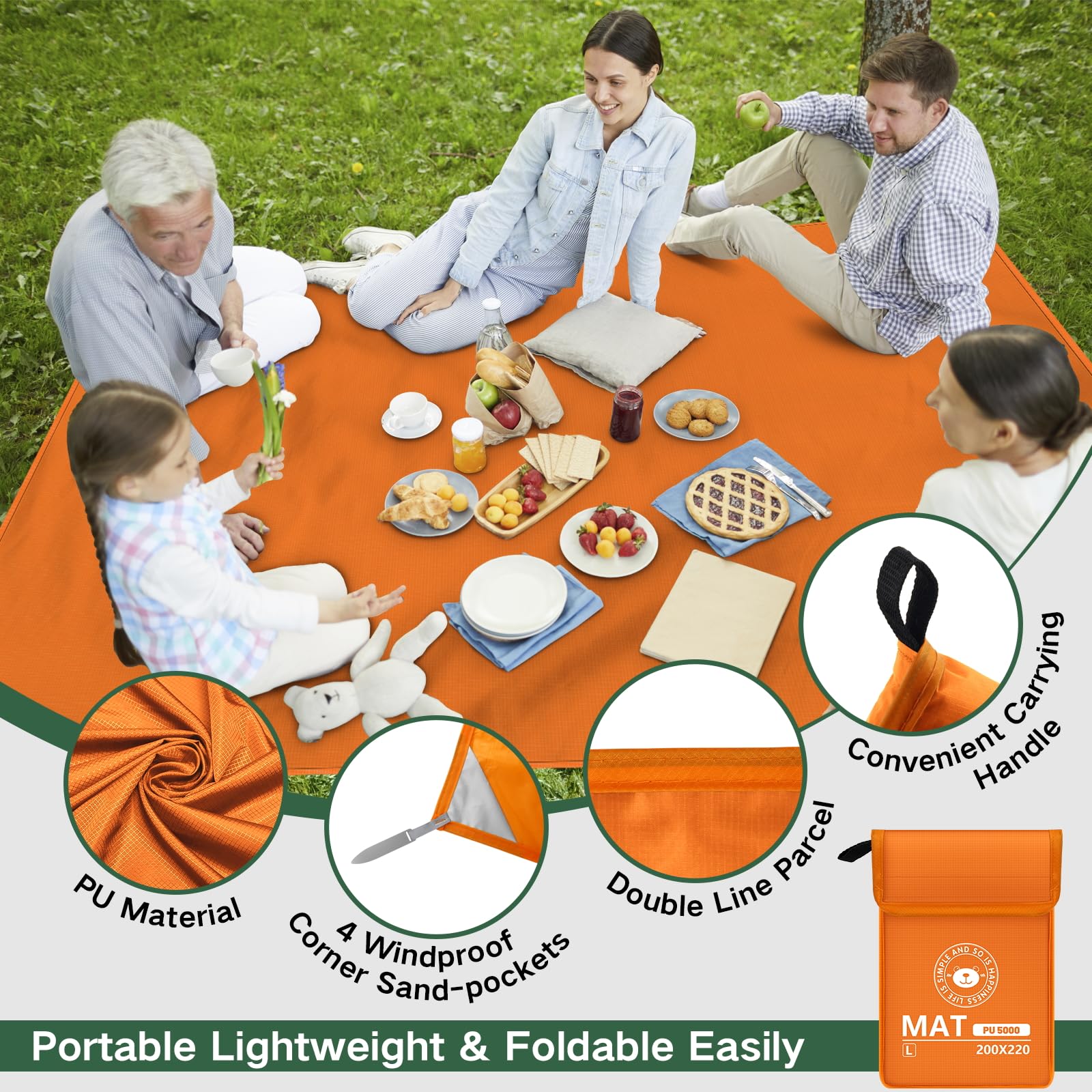 Couverture Outdoor Couverture Pique-nique Imperméable 200x200cm - Dos Oxford 210D - Sac De Transport - Rose Motif Nature Accessoire Camping Familial