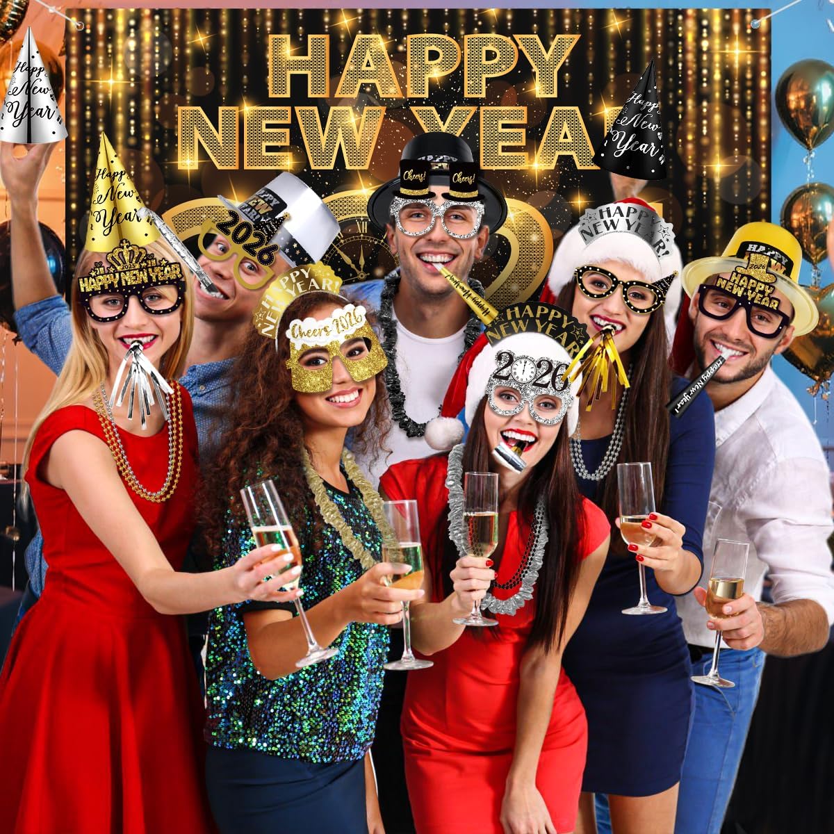 MOVINPE 2026 New Years Eve Party Supplies Bulk Serve 60 - New Year's Banner Backdrop Top Hats, Cone Hats, Tiara, Glasses, Bead Necklace, Leis, Horns, Blowouts, Noiese Makers, Event Party Favors