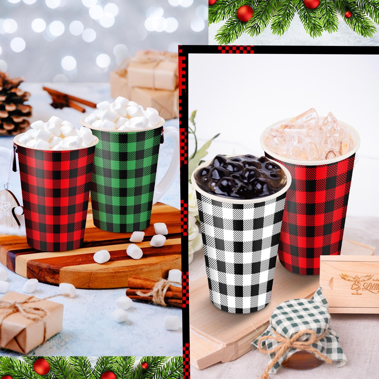 Maxcheck 300 tazas desechables de Navidad de 12 onzas, color verde, rojo, blanco, a cuadros, tazas de café de papel para bebidas frías calientes, chocolate, té, cacao, decoraciones de mesa de Navidad