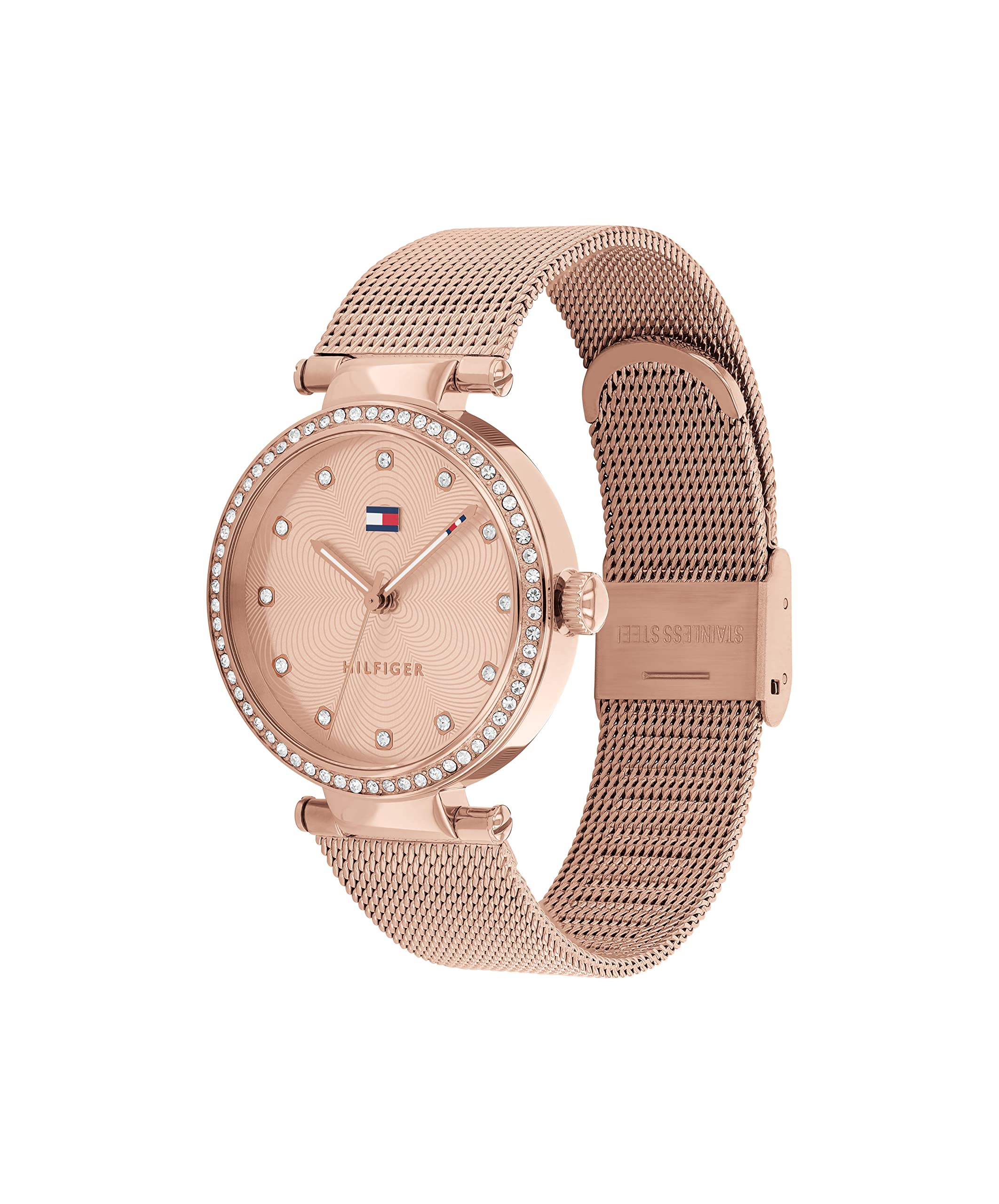 Tommy Hilfiger Orologio Analogico al Quarzo da Donna con Cinturino in Maglia Metallica in Acciaio Inossidabile Color Oro Rosa