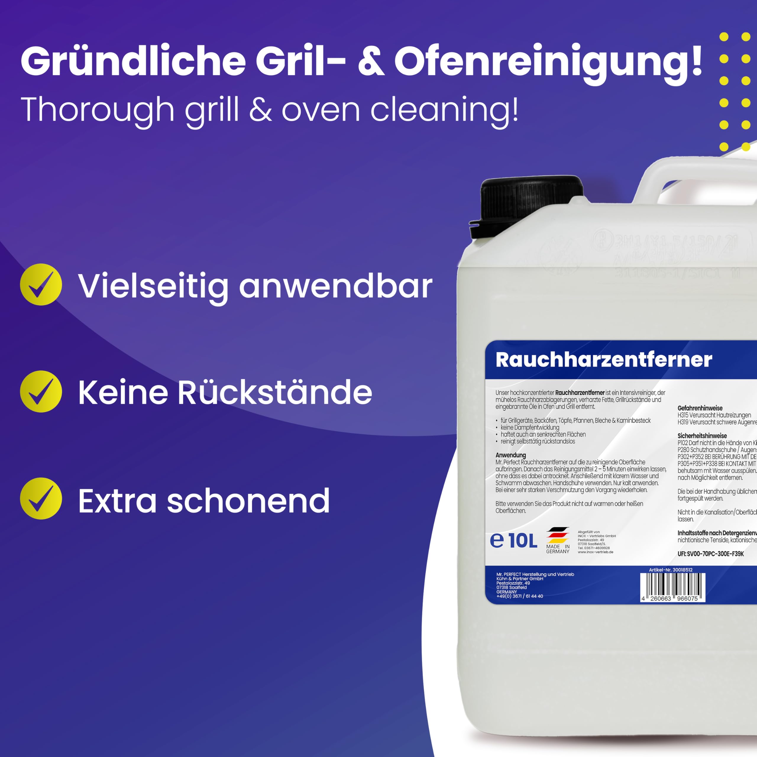 Mr. Perfect - 10L Rauchharzentferner I Backofenreiniger extra stark I Grillreiniger Gasgrill I Extrem kraftvoller Grillrost Reiniger I Rauchharzentferner Konzentrat dank effektiver Formel