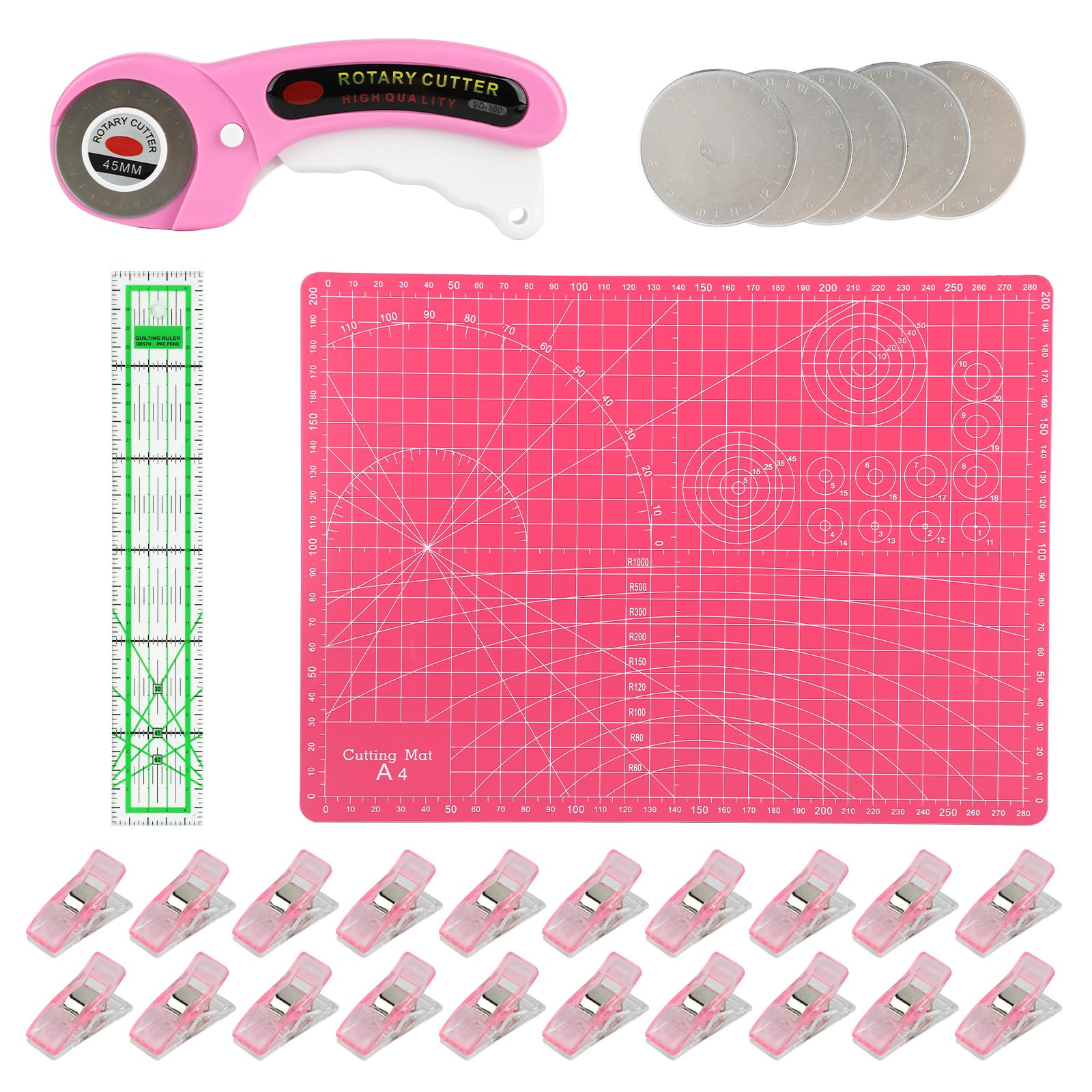 BigKing Kit de Tapis de Decoupe A4 Avec 45 mm Cutter Rotatif Couture, 5 Lames de Rechange 1 Regle Couture en Acrylique Transparent Et 10 Pinces Couture, Pour la Couture L'artisanat
