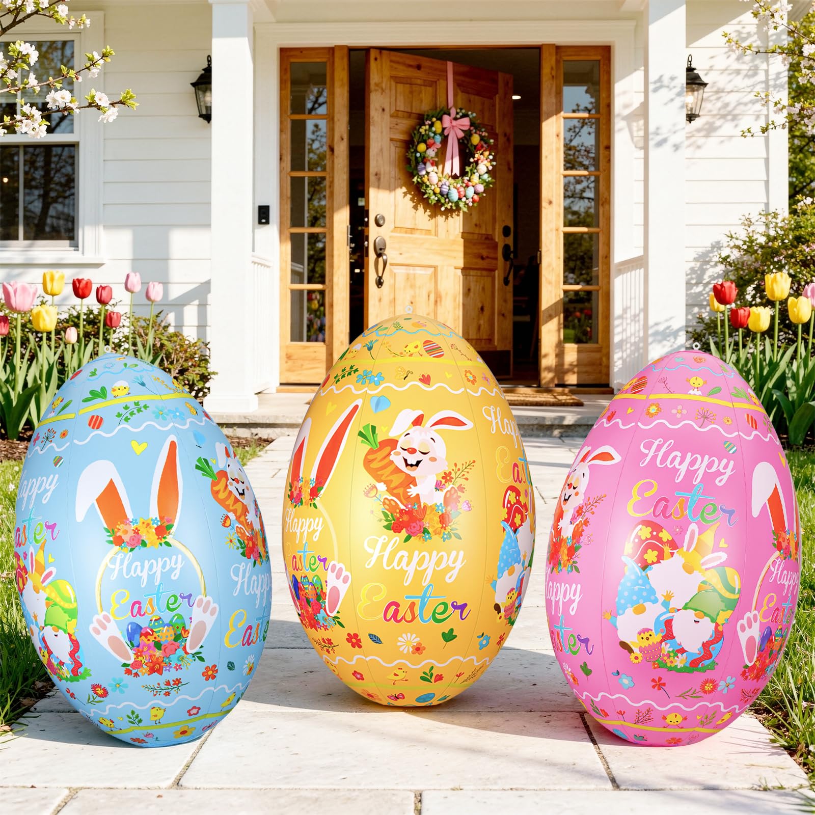 Photo 1 of 3 Pack Large 24 Inch Inflatable Easter Eggs - Giant Colorful Outdoor Easter Decorations, Blow Up PVC Eggs for Lawn, Garden, Yard, Spring Party & Indoor/Outdoor Use