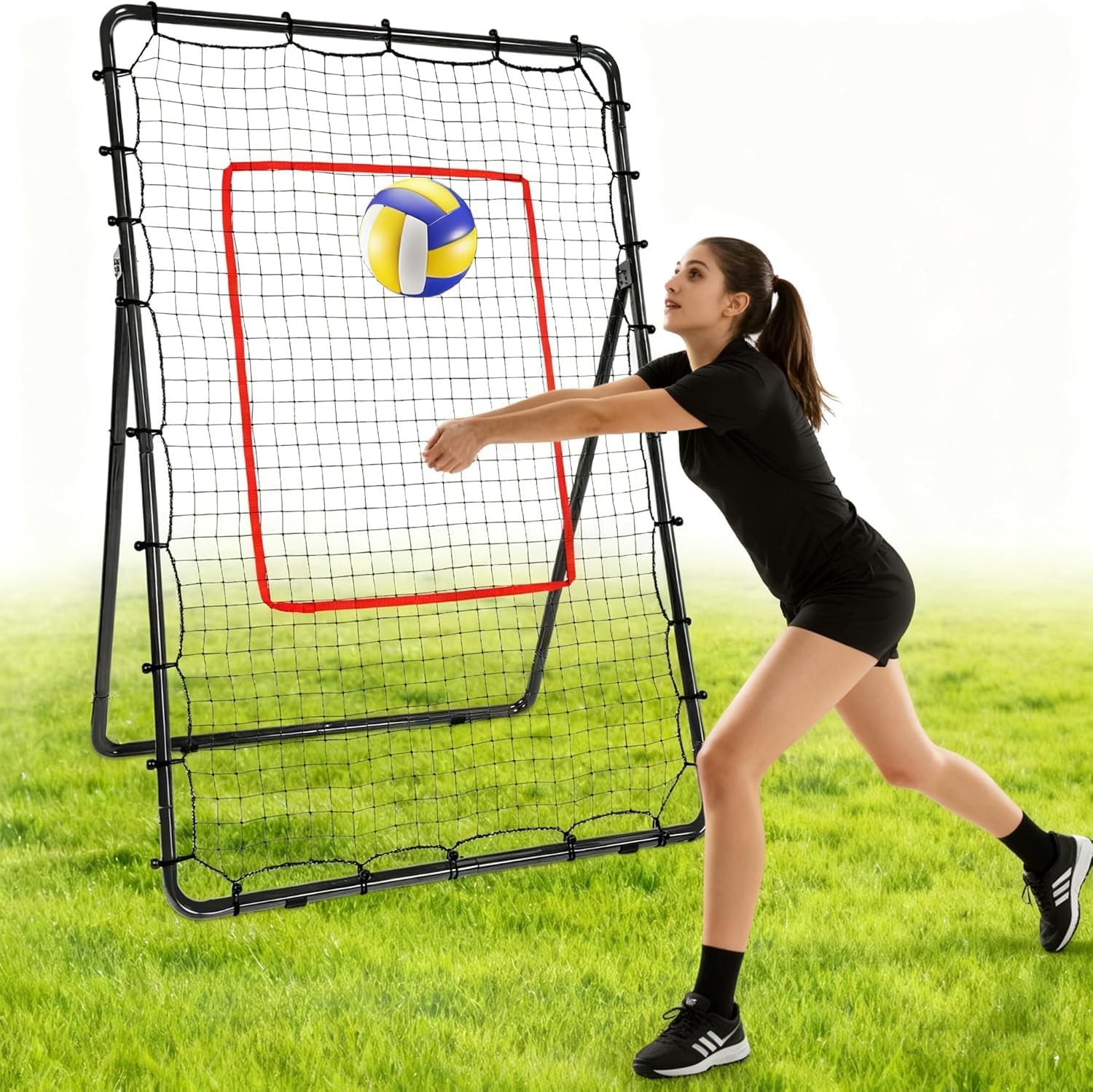 AKOZLIN Red de rebote para voleibol de voleibol lacrosse en la espalda, zona de impacto para ejercicios de béisbol lacrosse, 122 × 185 cm, 5 ángulos ajustables, red de béisbol con bolsa de transporte