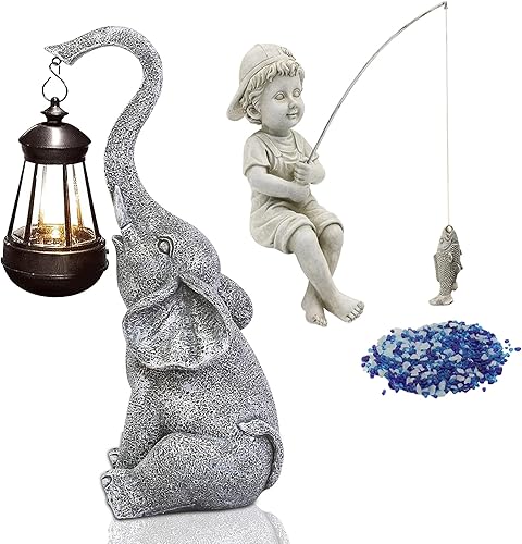 Goodeco Estatua de elefante y estatua de pescador para decoración de jardín con atractivo de regalo, decoración de jardín fácil, regalos de buena