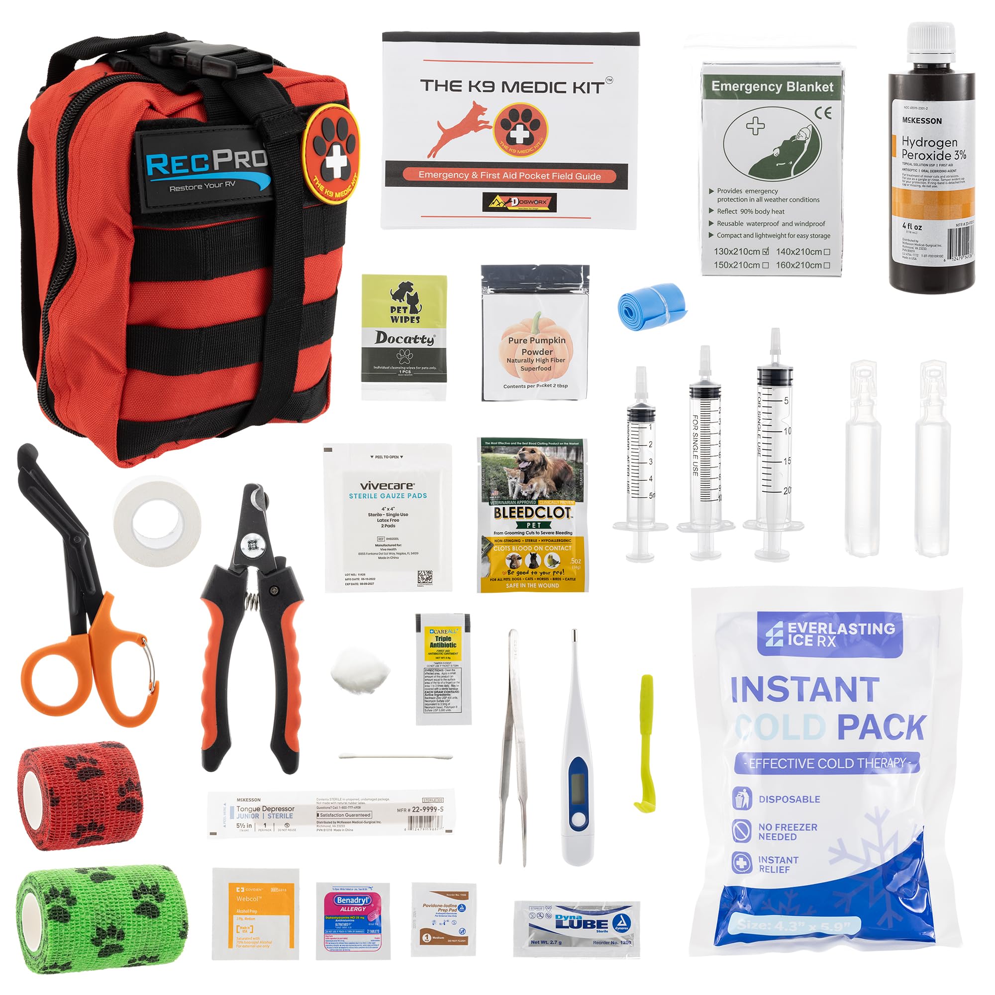 RecPro RV Dog First Aid Kit for Travel Pets Emergency Supplies Medical Essentials Camping Pack with Belt Loops