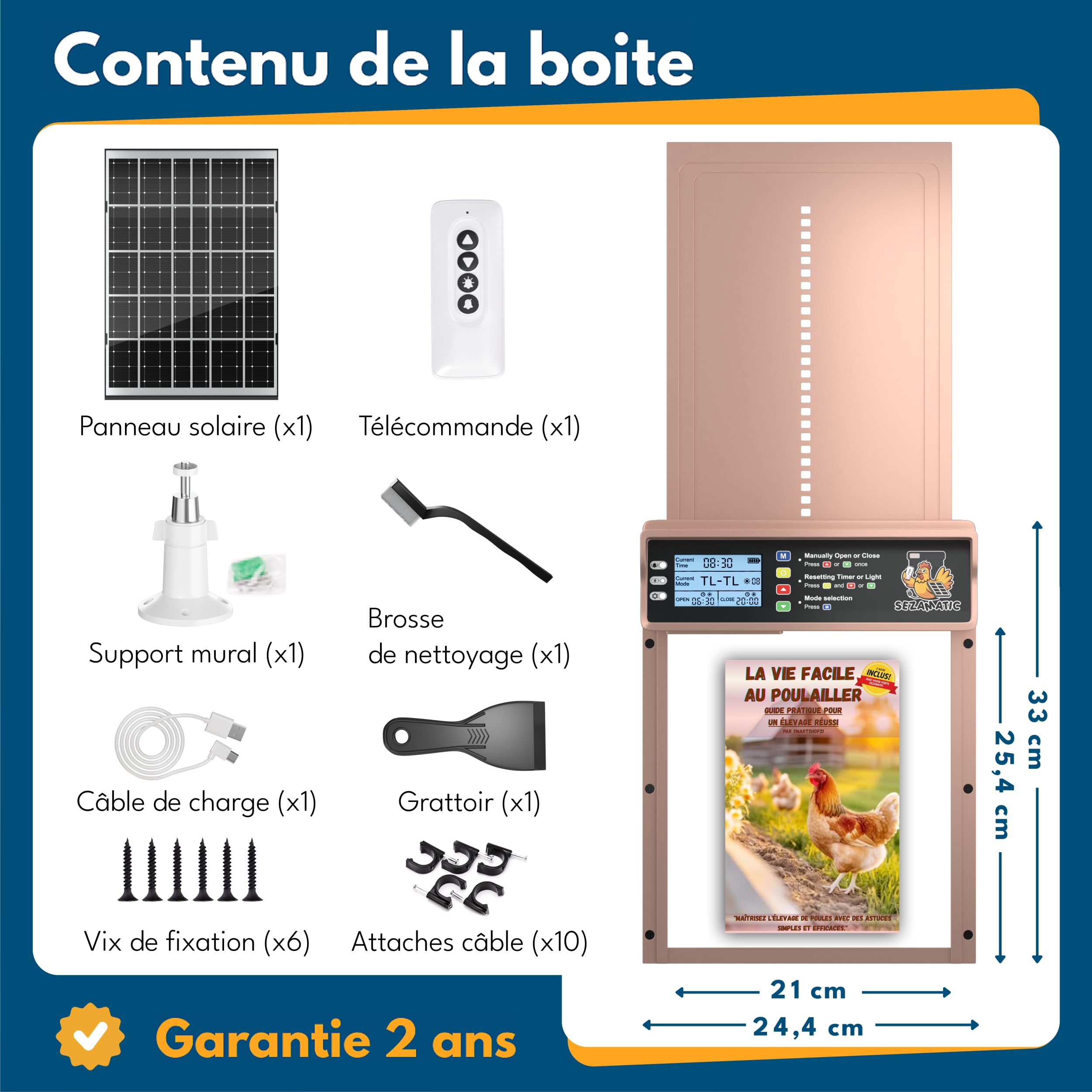 Porte Poulailler Automatique Solaire SEZAMATIC - Aluminium - Ecran LCD - Télécommande - Capteur de Lumière et Minuterie - Fonction Anti-pincement - Sécurité et Tranquillité d'esprit - Garantie 2 Ans